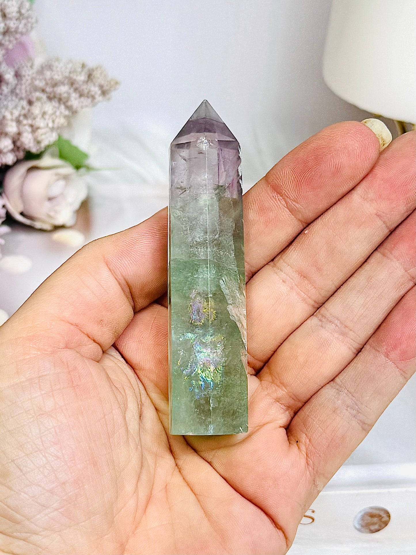 High Grade Fluorite Tower with Rainbows 8cm