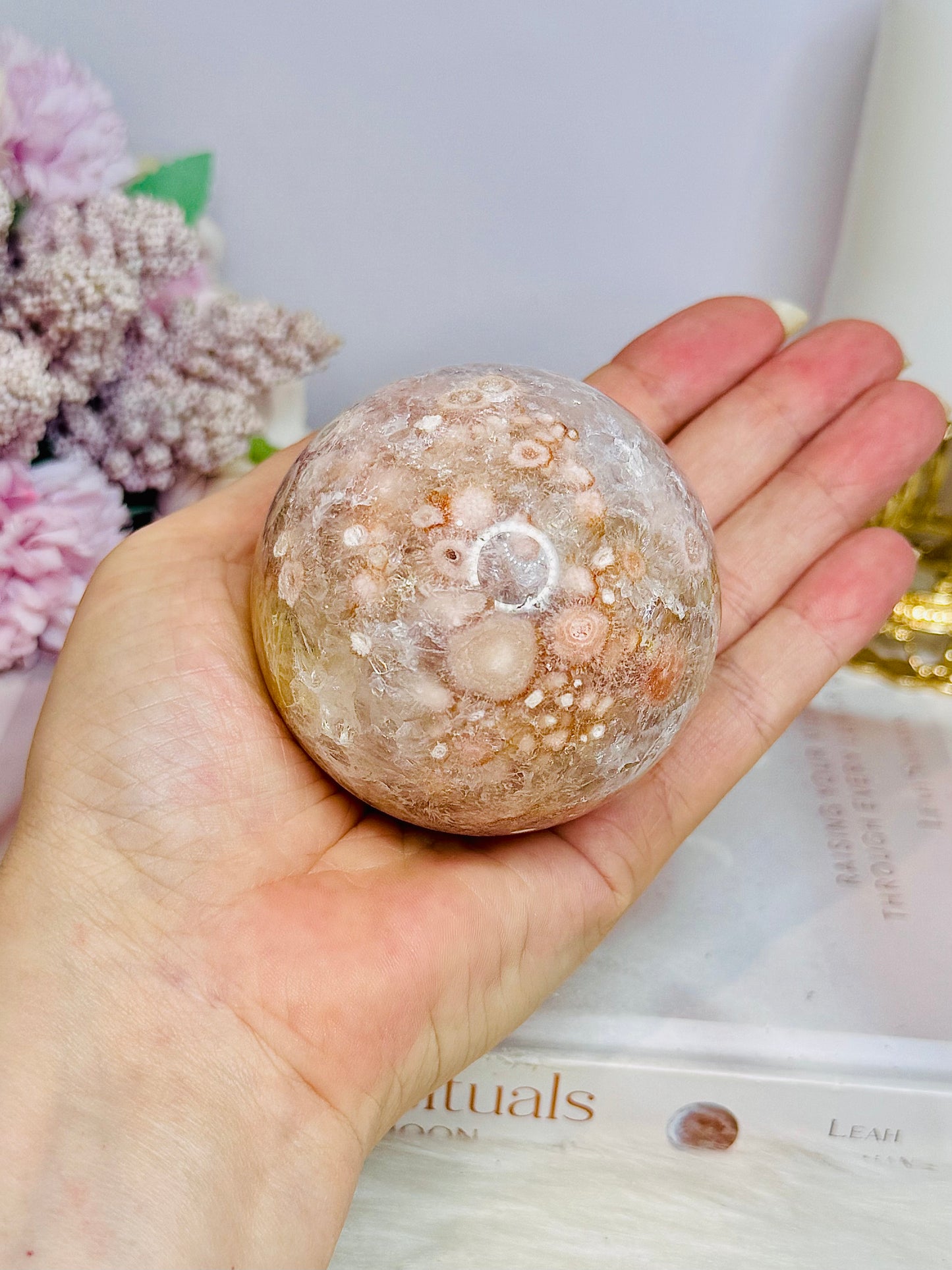 Large Flower Agate Sphere on Stand 382g