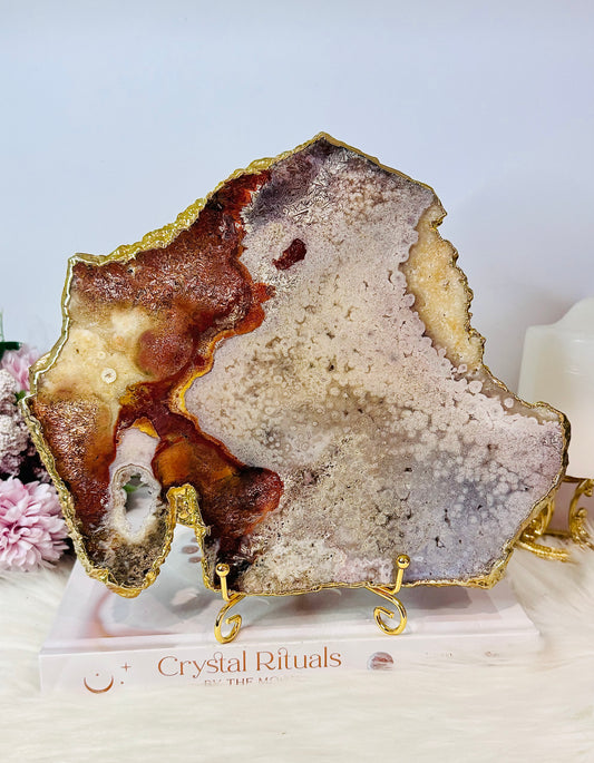 A Collectors Piece ~ High Grade Natural Pink Amethyst Druzy Slice | Slab with Gold Plating on Gold Stand 496g
