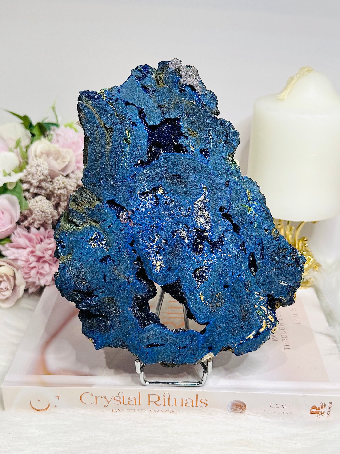 High Grade Azurite Slab with Malachite Inclusions on Stand 693g