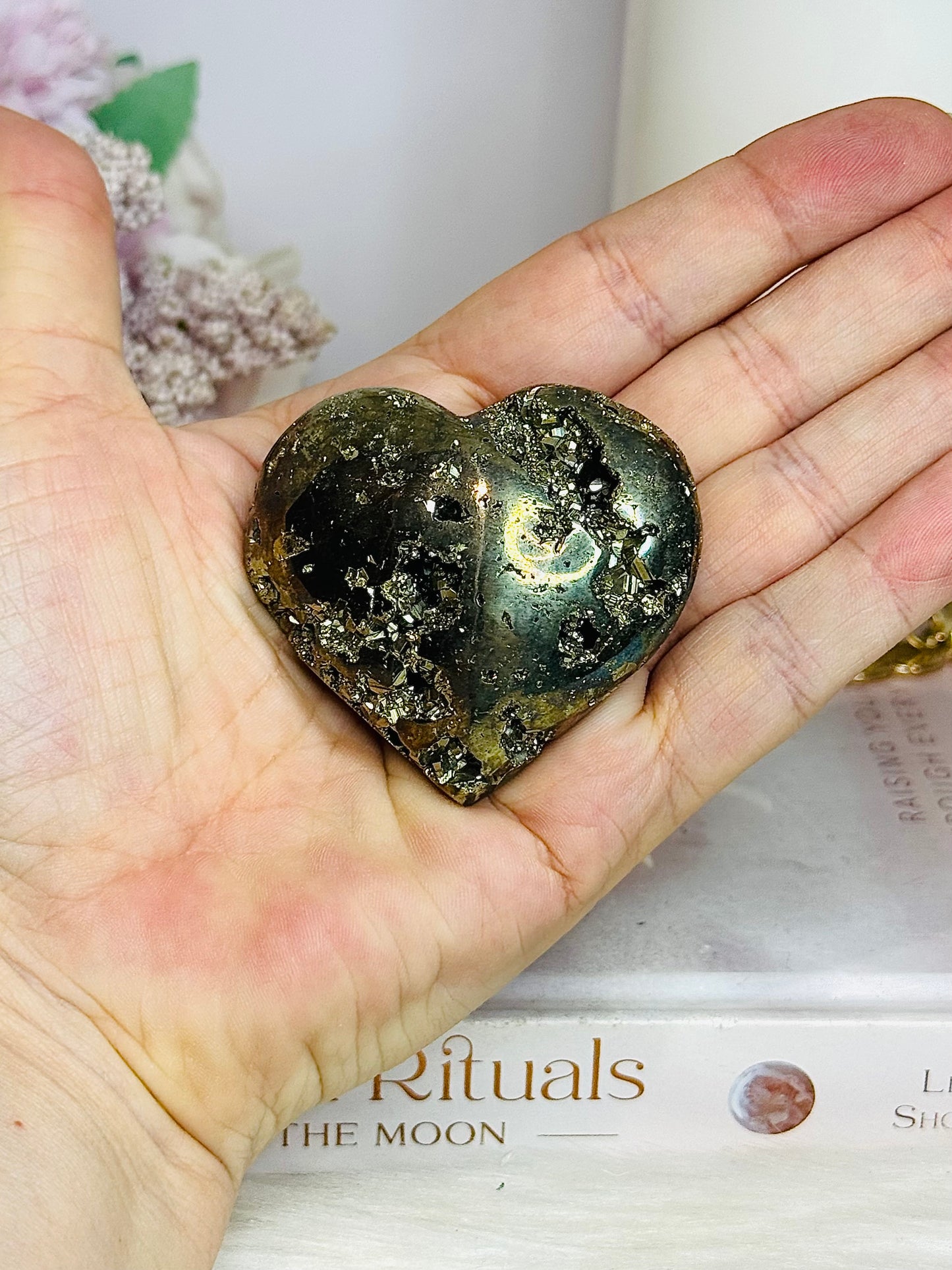 Druzy Pyrite Carved Heart on Stand 123g