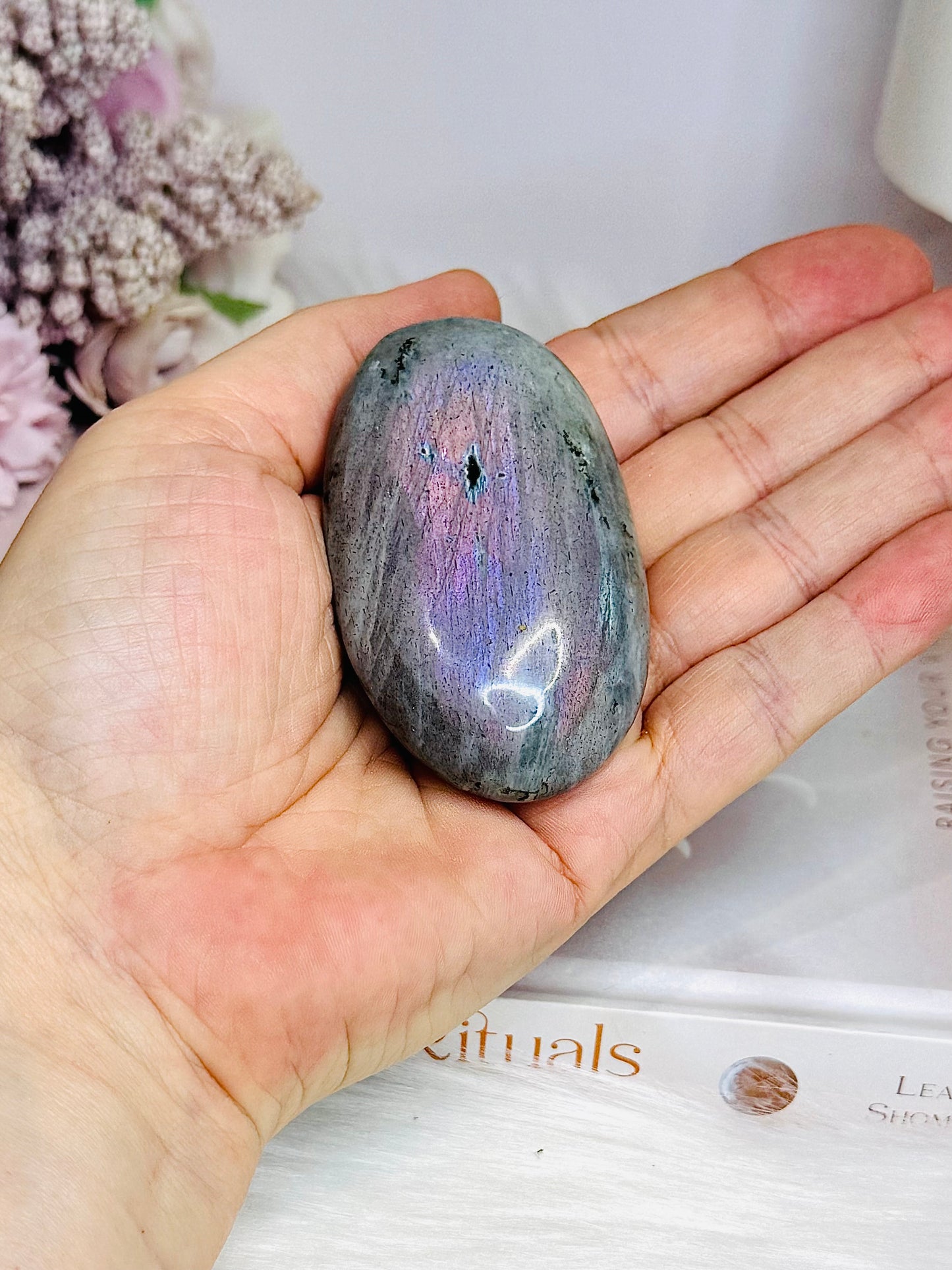 Large Labradorite Palm Stone with Pink & Purple Flash