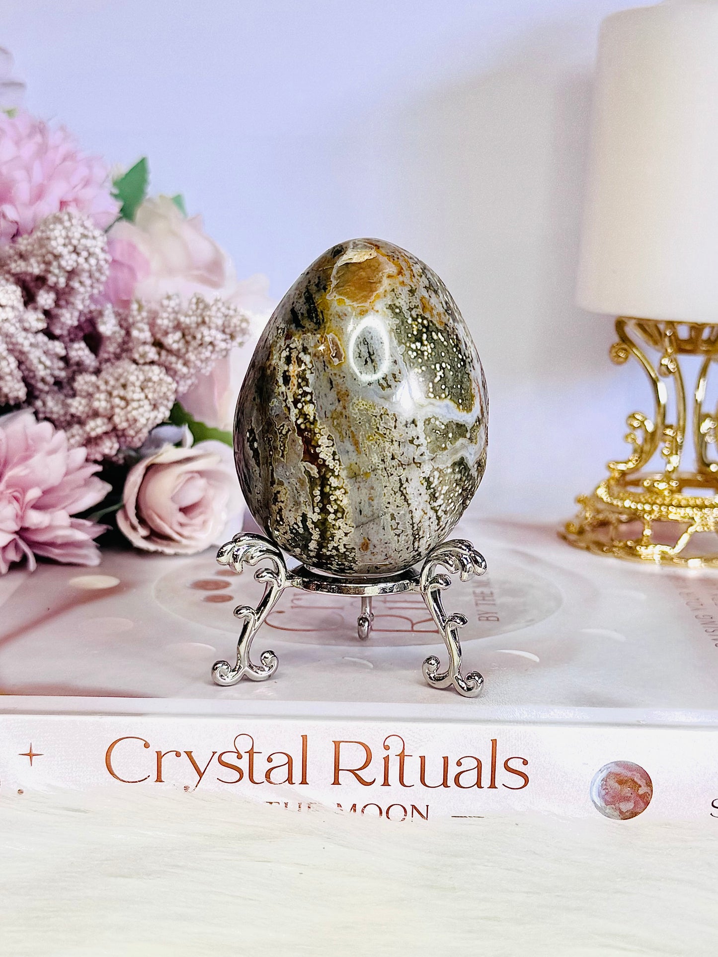 Absolutely Beautiful Druzy Orbicular Ocean Jasper Egg 7cm On Stand