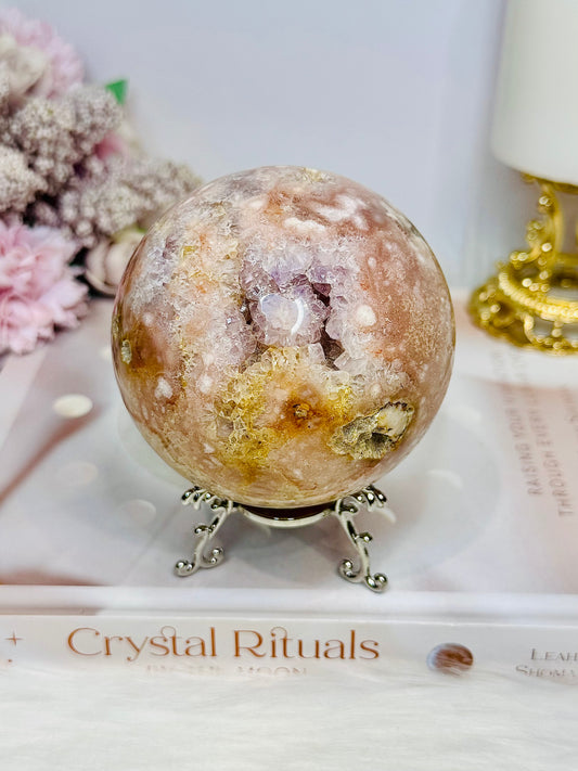 Large Druzy Pink Amethyst X Flower Agate Sphere on Stand 681g