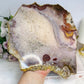 A Collectors Piece ~ High Grade Natural Pink Amethyst Druzy Slice | Slab with Gold Plating on Stand 24cm 689g