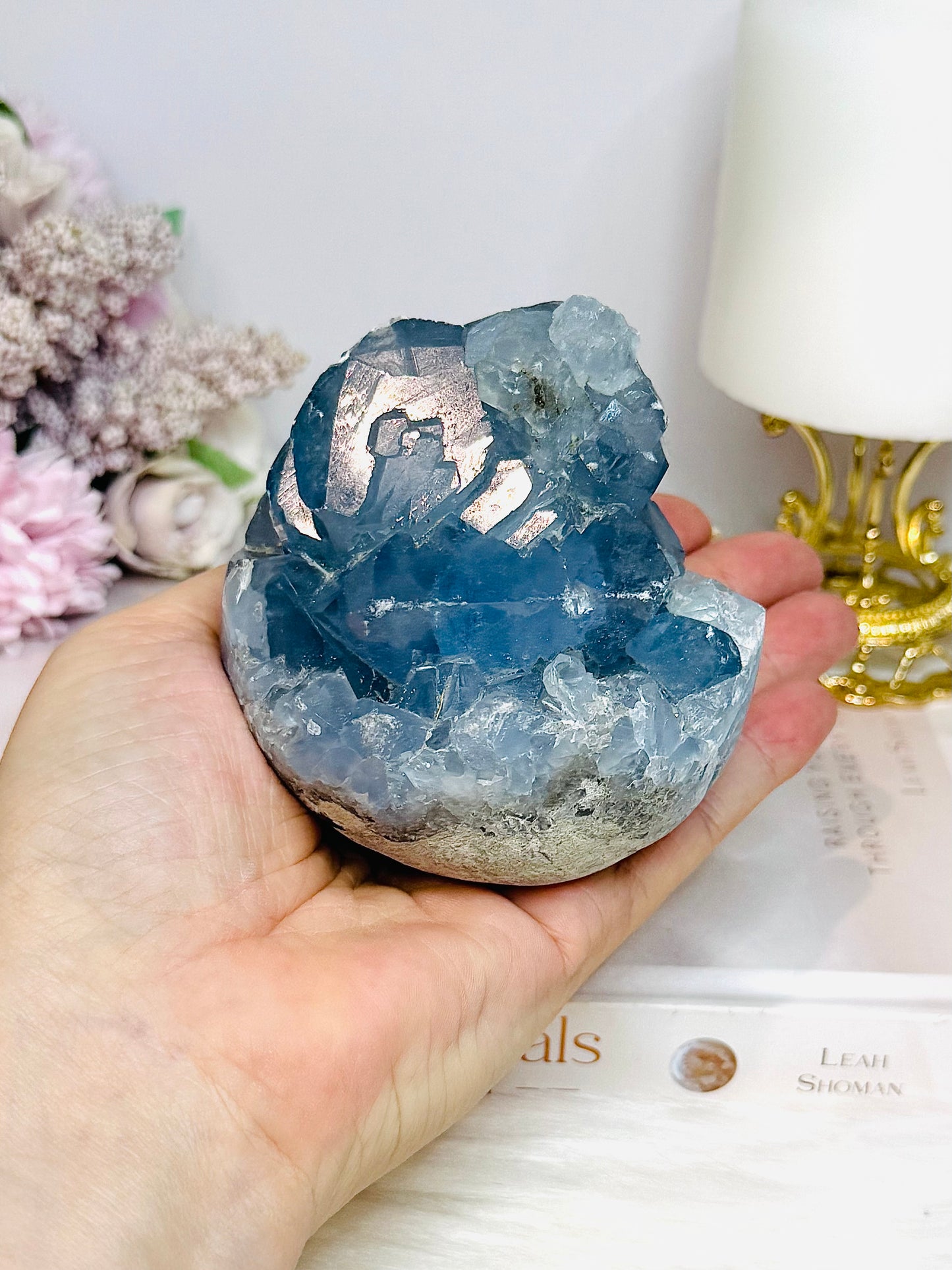 Large Blue Celestite Cluster on Stand 668g