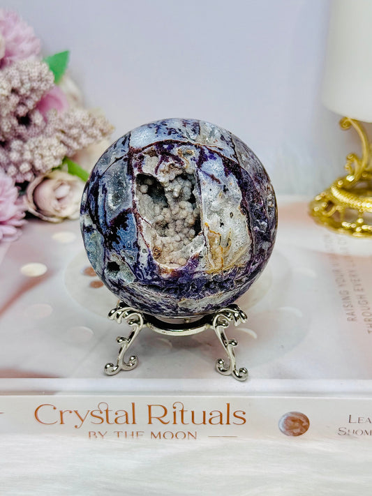 Large Natural Purple Fluorite X Sphalerite Druzy Sphere on Stand 479g