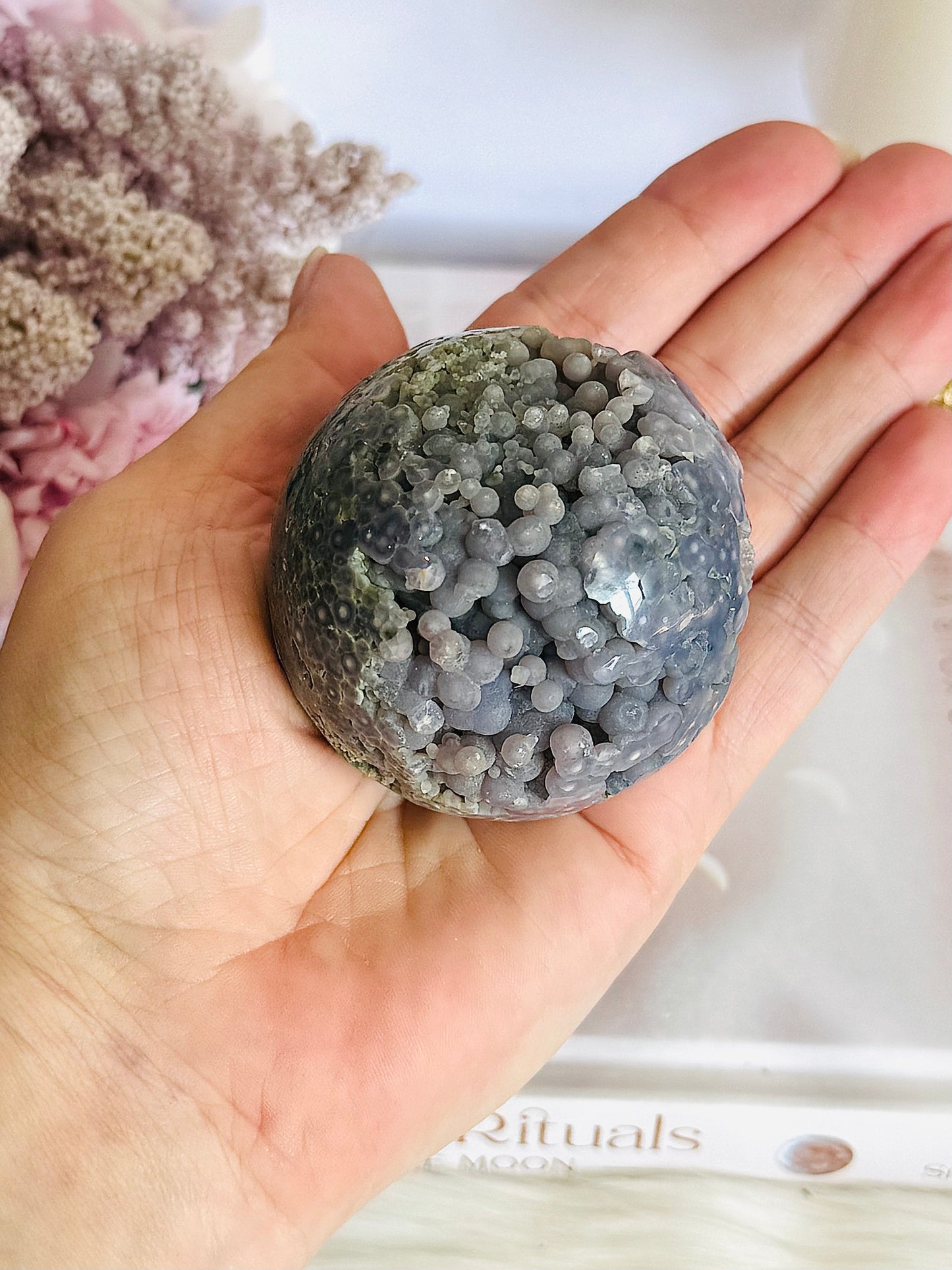 Gorgeous Natural Grape Agate Sphere 229grams On Stand