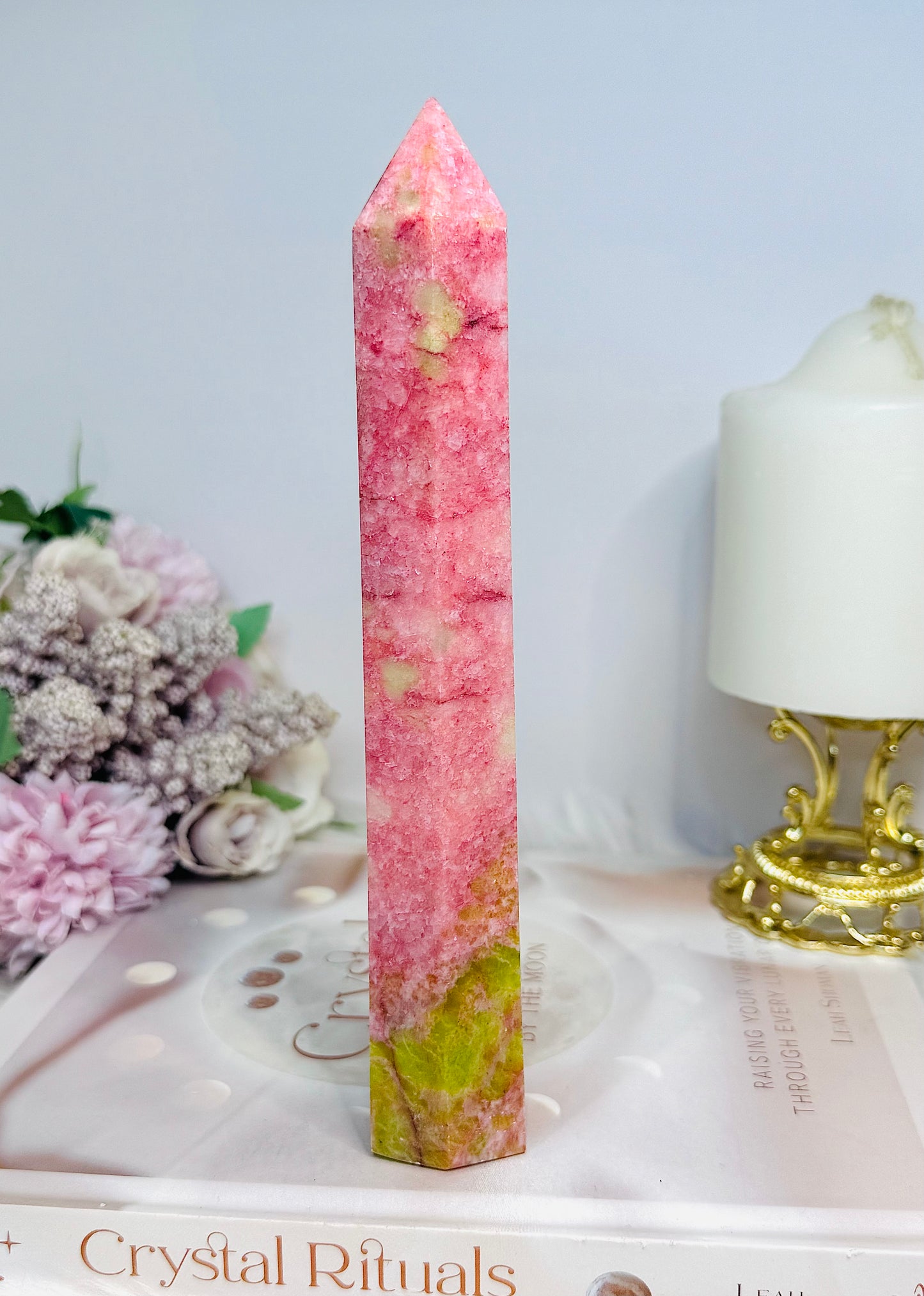 Rare Large Thulite Tower with Epidote Inclusions 19cm