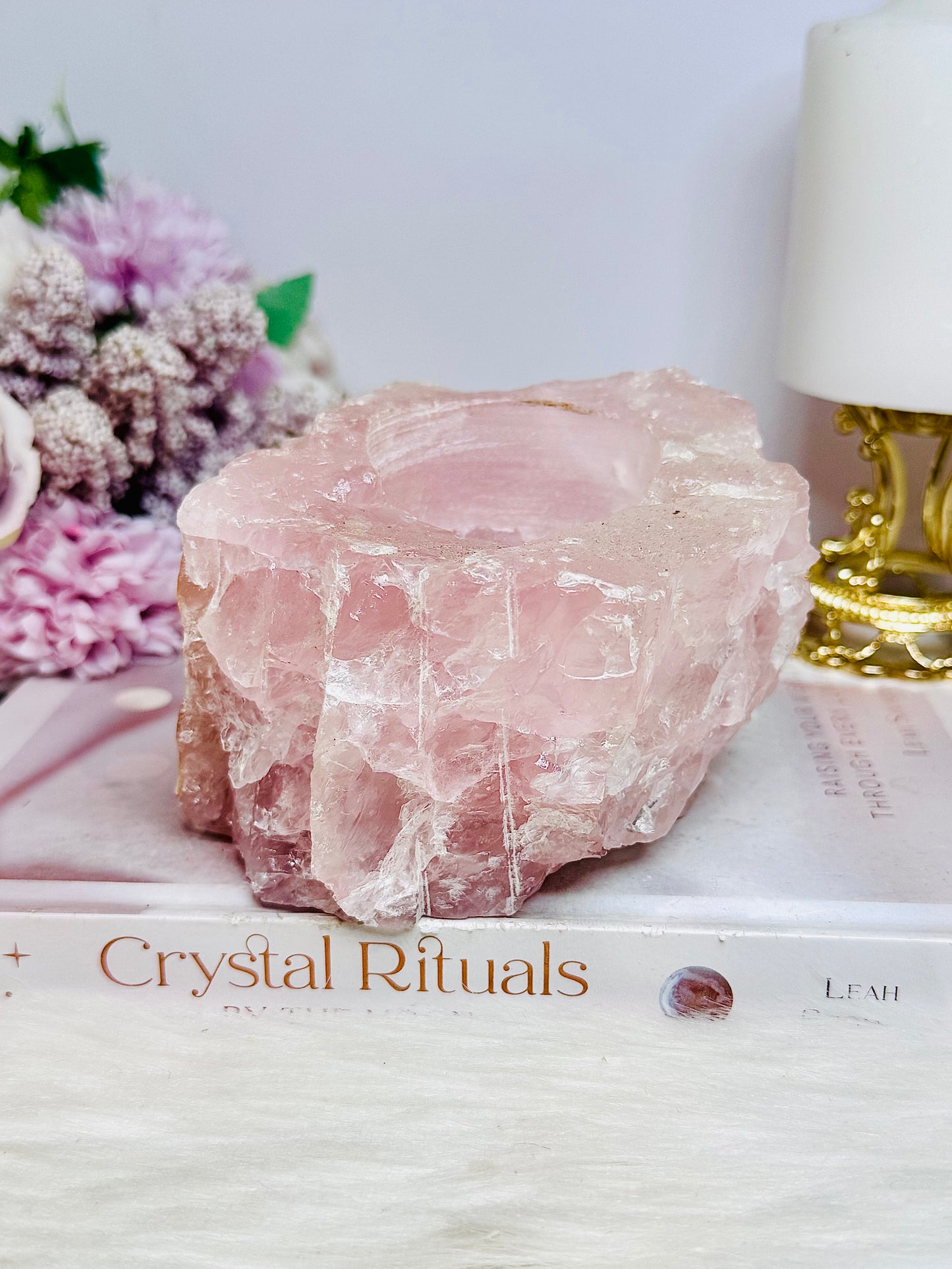 Large Chunky Rose Quartz Candle Holder 892g