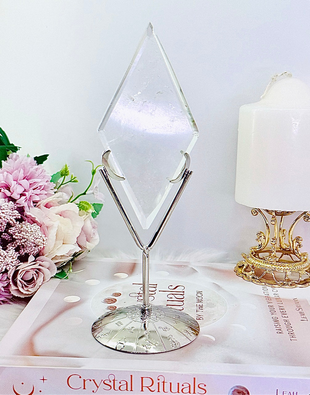 A Master Healer ~ Classy & Fabulous Large 18cm High Grade Clear Quartz Diamond | Rhombus On Silver Stand