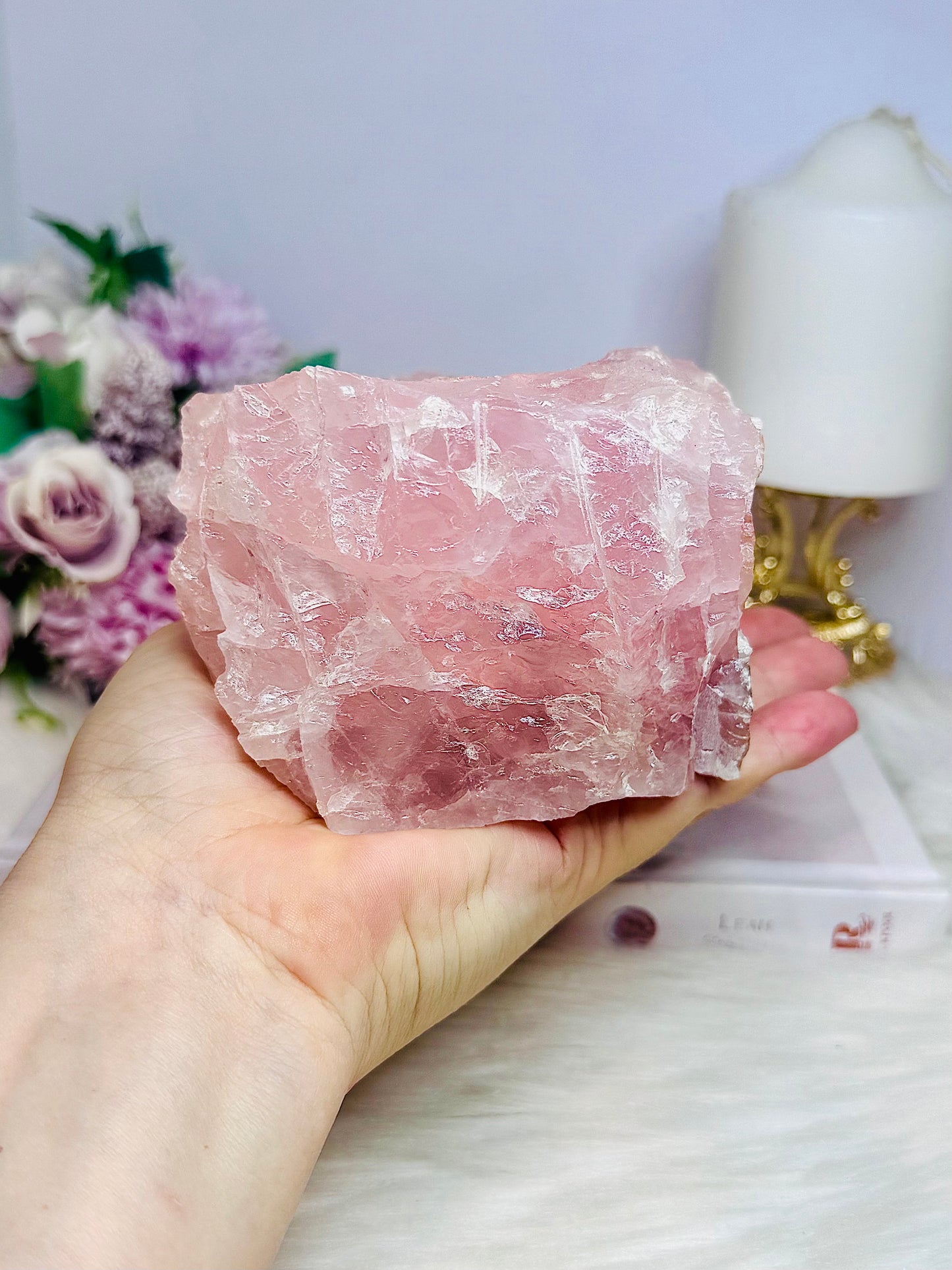 Large Chunky Rose Quartz Candle Holder 892g