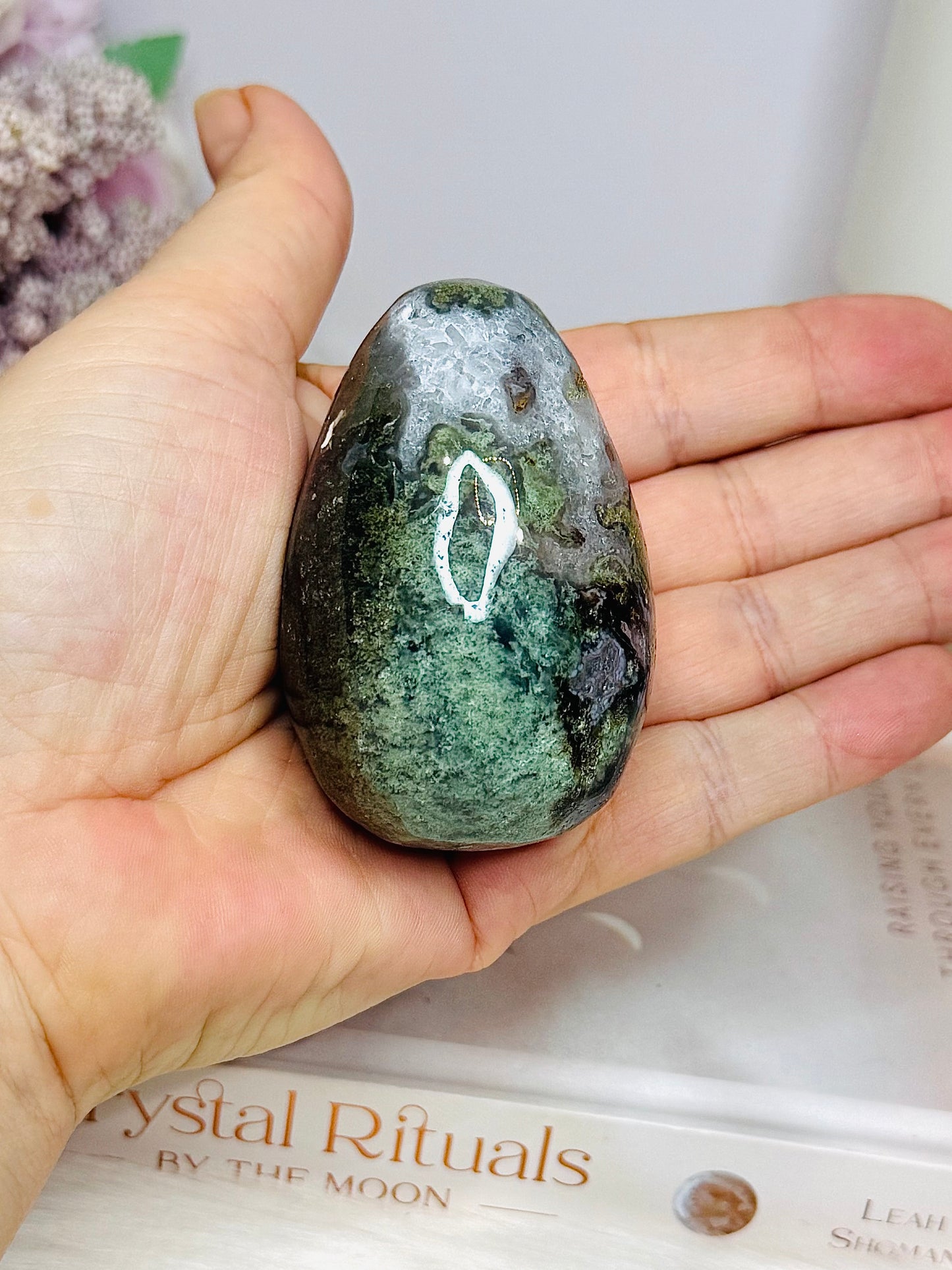 Moss Agate Druzy Egg On Stand 6.5cm