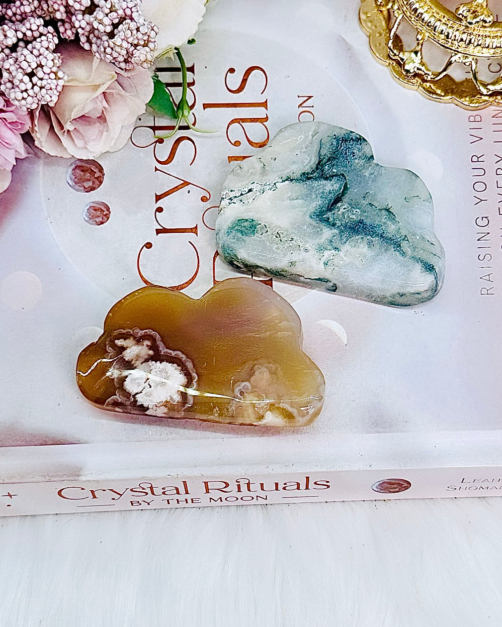 Beautiful Set of 2 Carved Clouds ~ Moss Agate & Flower Agate