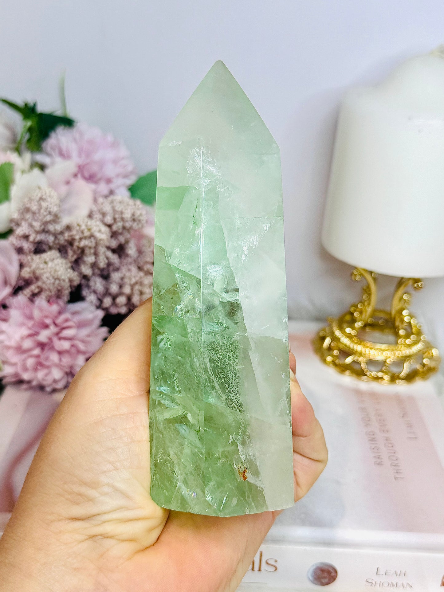 High Grade Light Green Fluorite Tower with Rainbows 14cm 551g