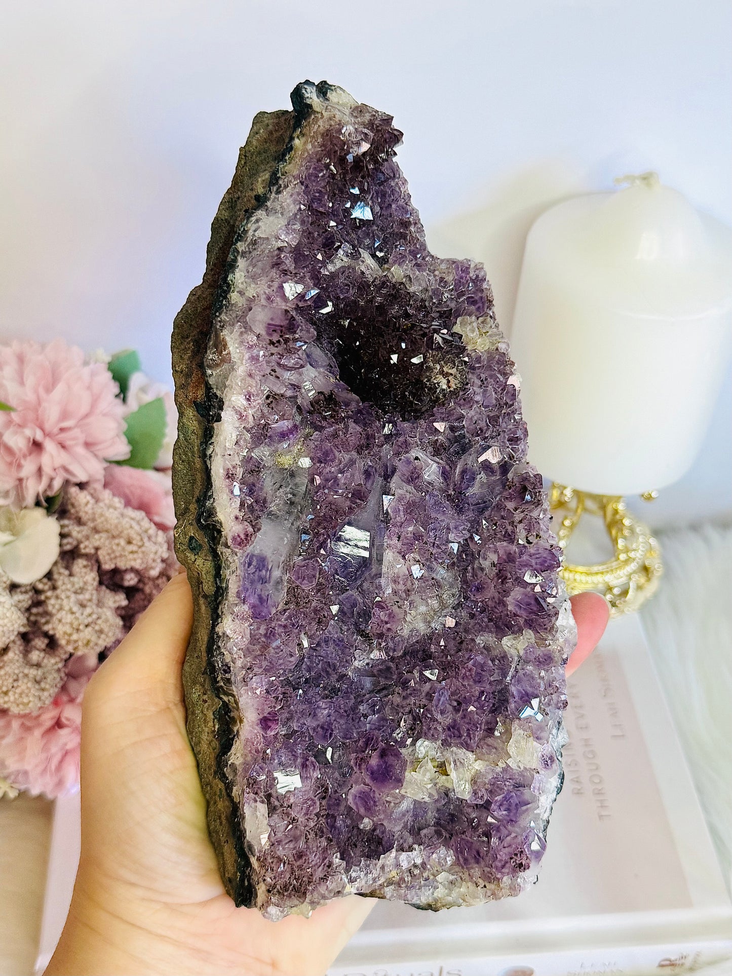High Grade Amethyst Natural Cluster Slab with Stalactite Formations On Custom Stand 23cm 1.03KG