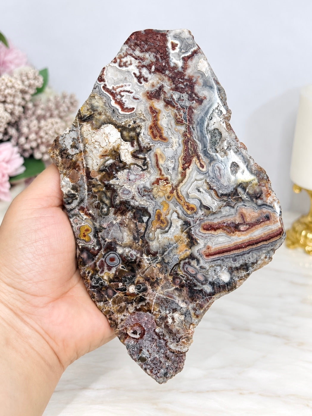 Large Mexican Lace Agate Slab 19cm on Stand