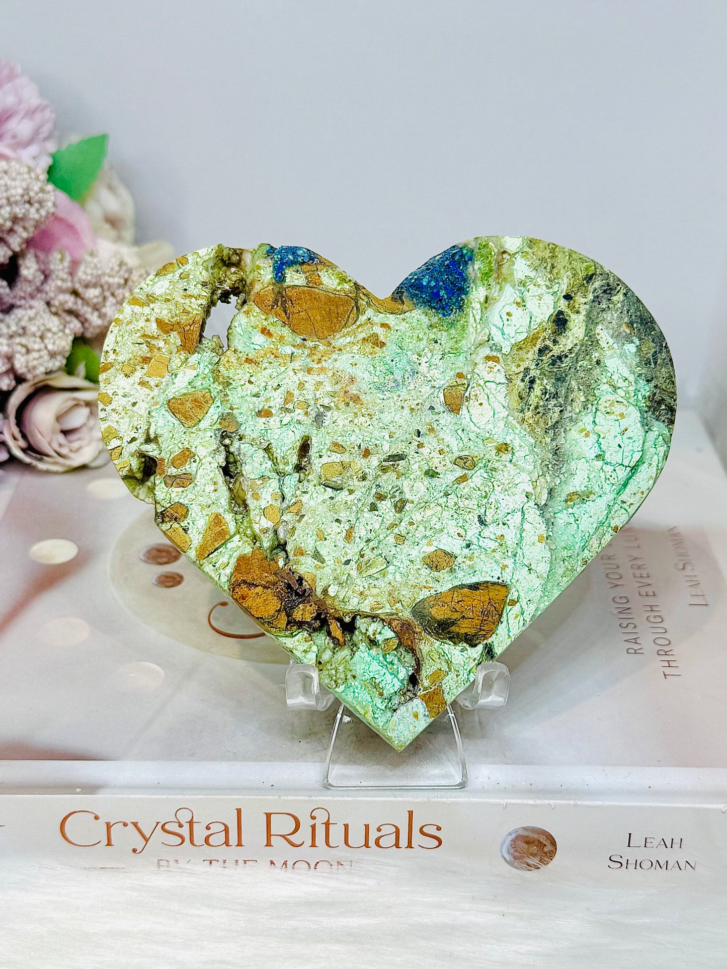 Large Variscite Carved Heart with Azurite Inclusions on Stand 11cm
