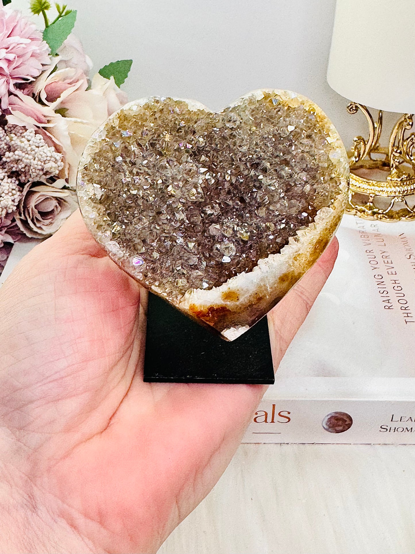 Sparkling 8cm Angel Aura Druzy Agate Carved Heart on Stand From Brazil