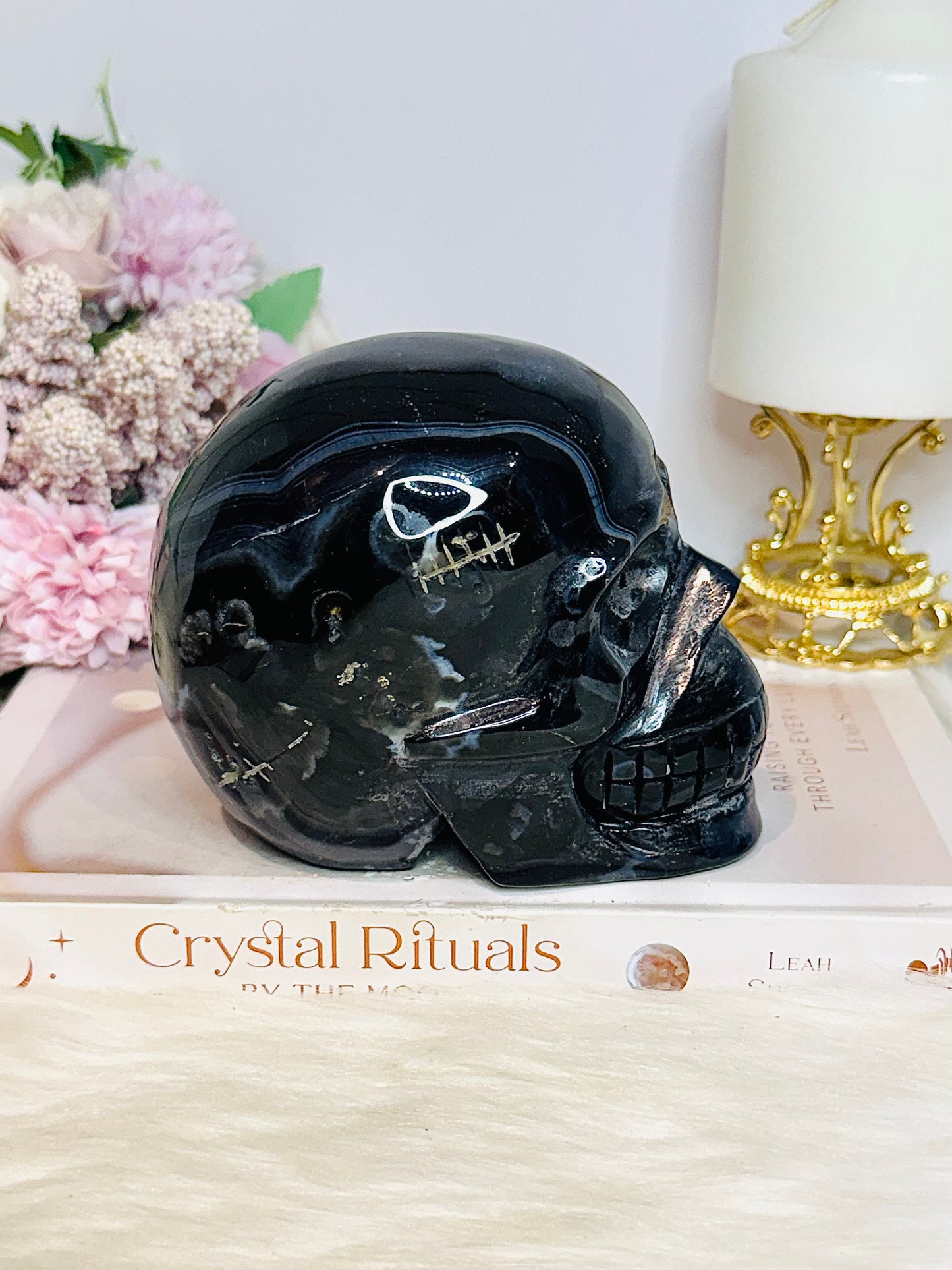Huge Black Agate Carved Skull 11.5cm 1.24KG