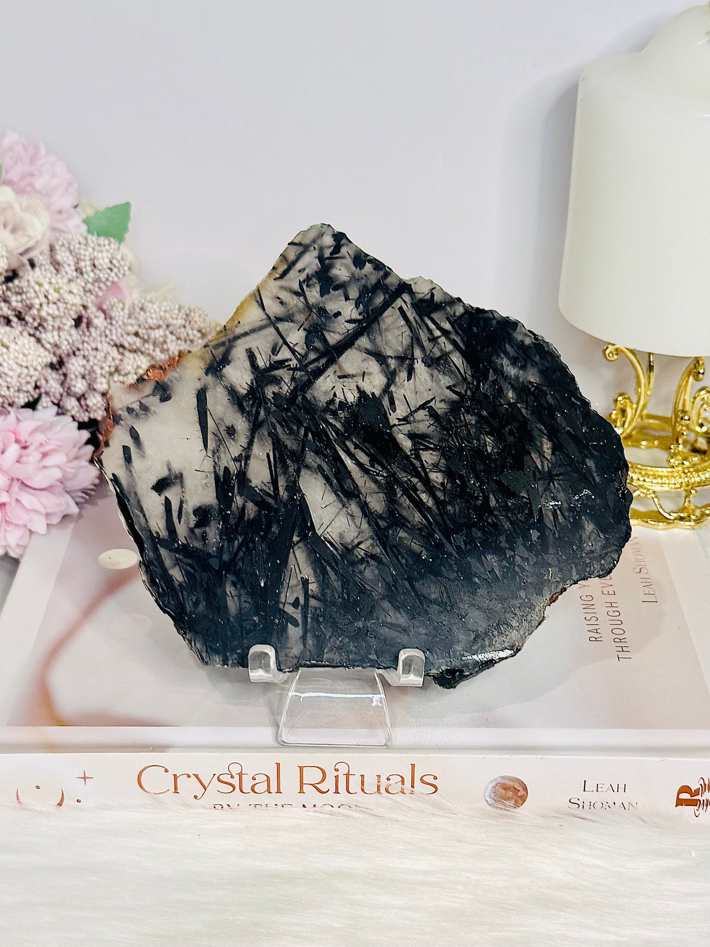 Black Tourmaline in Quartz Slab on Stand 13cm