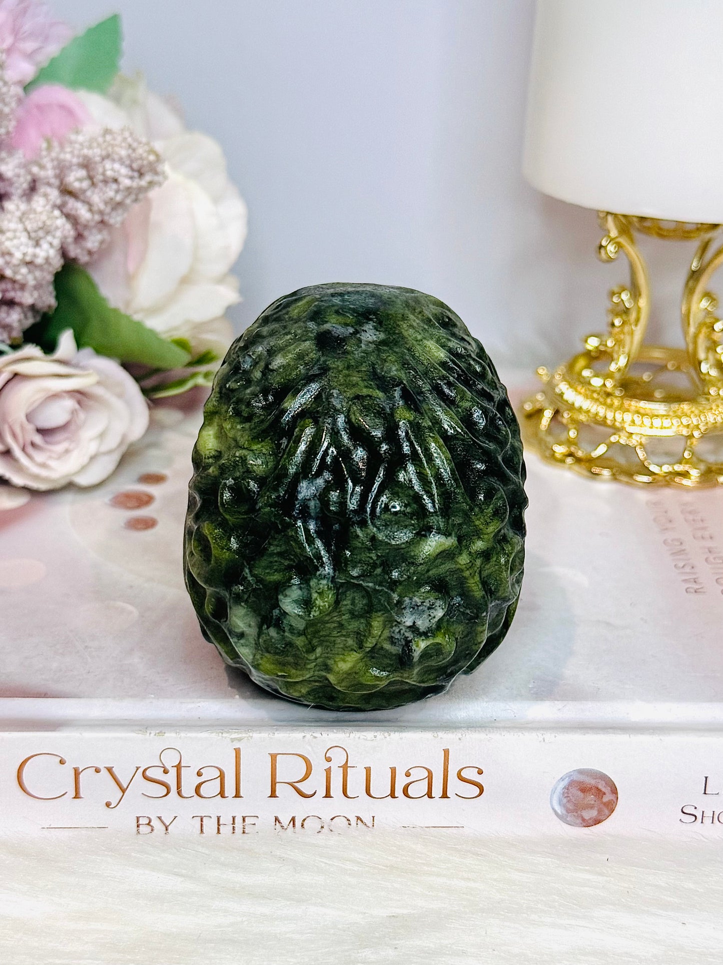 Green Jade Filigree Carved Skull 9cm