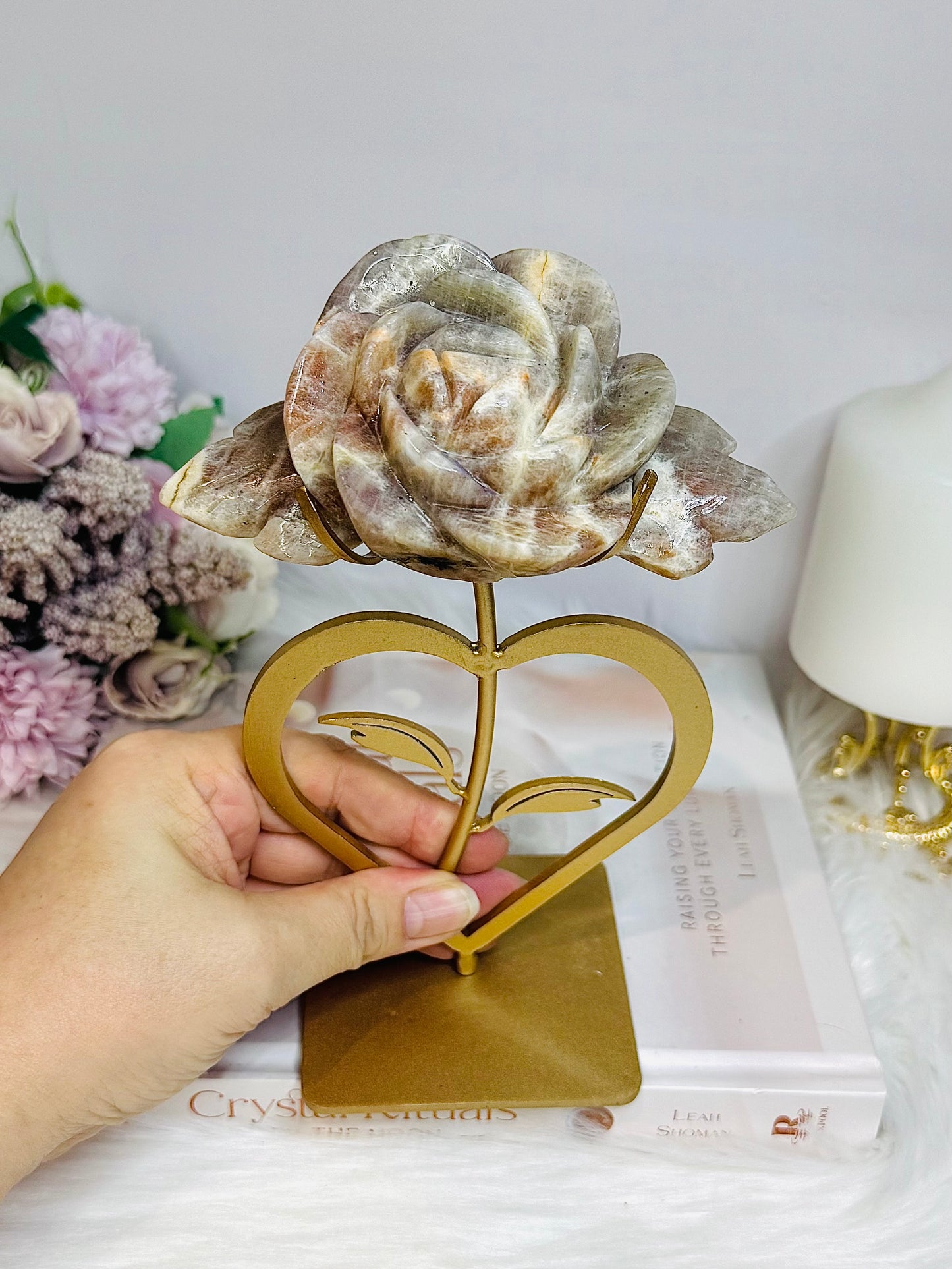 Large High Grade Moonstone Rose With Flash on Gold Stand 18cm