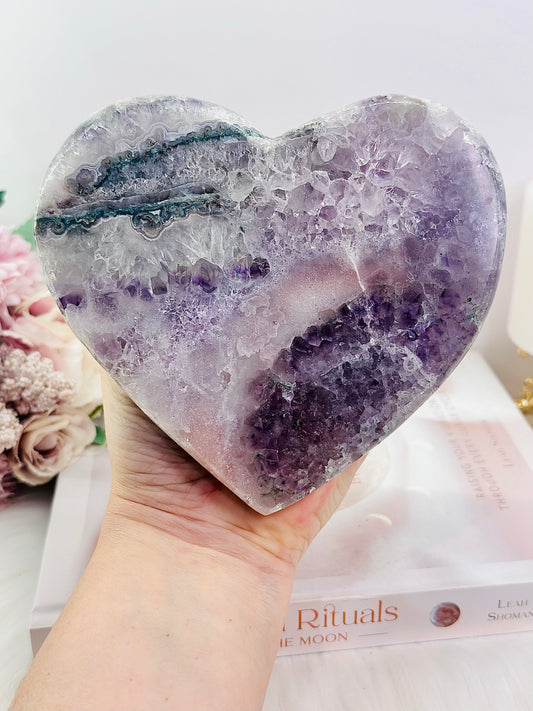 Fabulous High Grade Large 15cm 978gram Druzy Pink Amethyst Heart On Stand