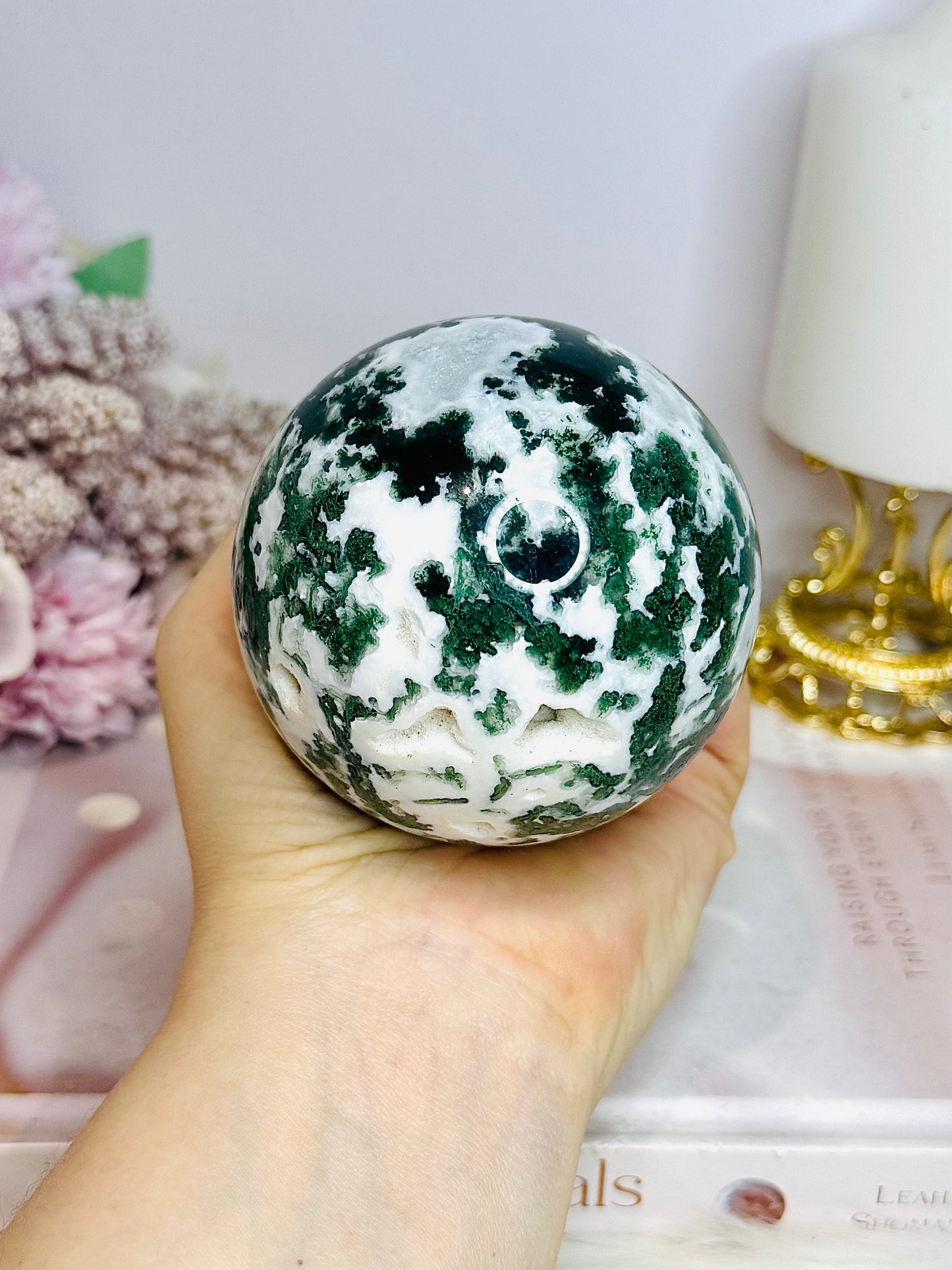 Large Druzy Moss Agate Sphere on Stand 515g