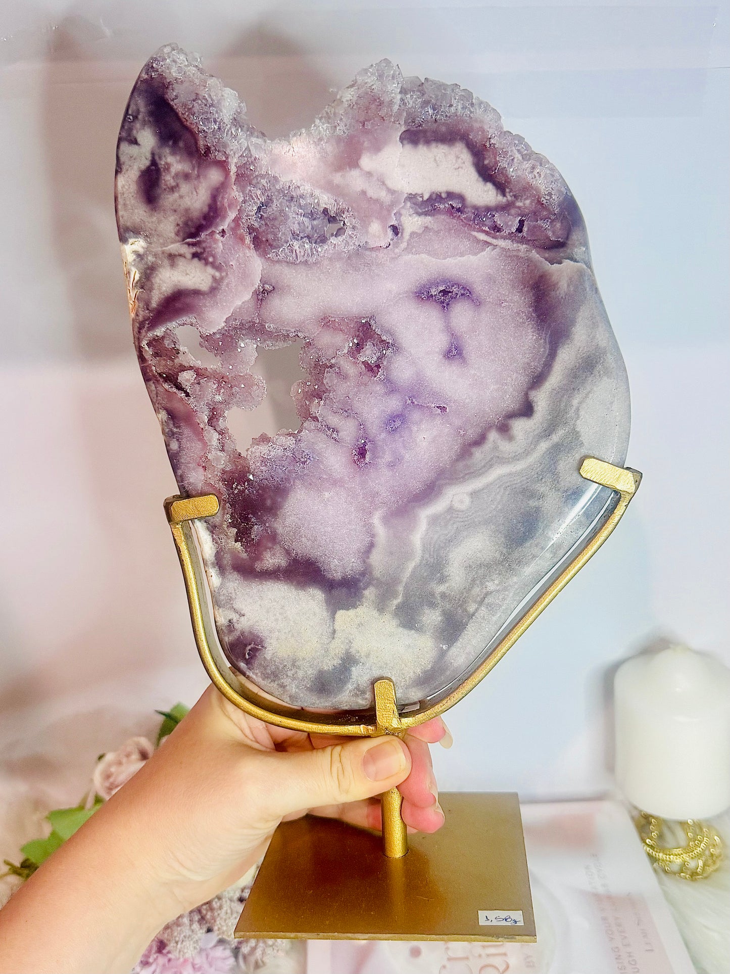 The Most Incredible High Grade Druzy Pink Amethyst Natural Slab On Gold Stand 1.56KG 30cm