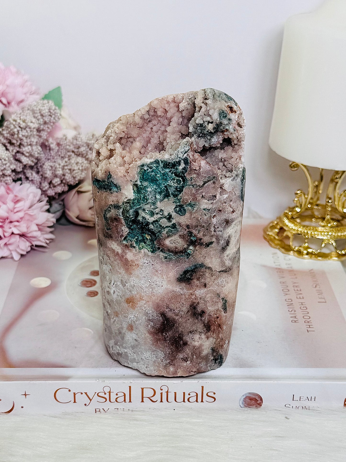 Large Natural Pink Amethyst Freeform with Moss Agate Inclusions 775g
