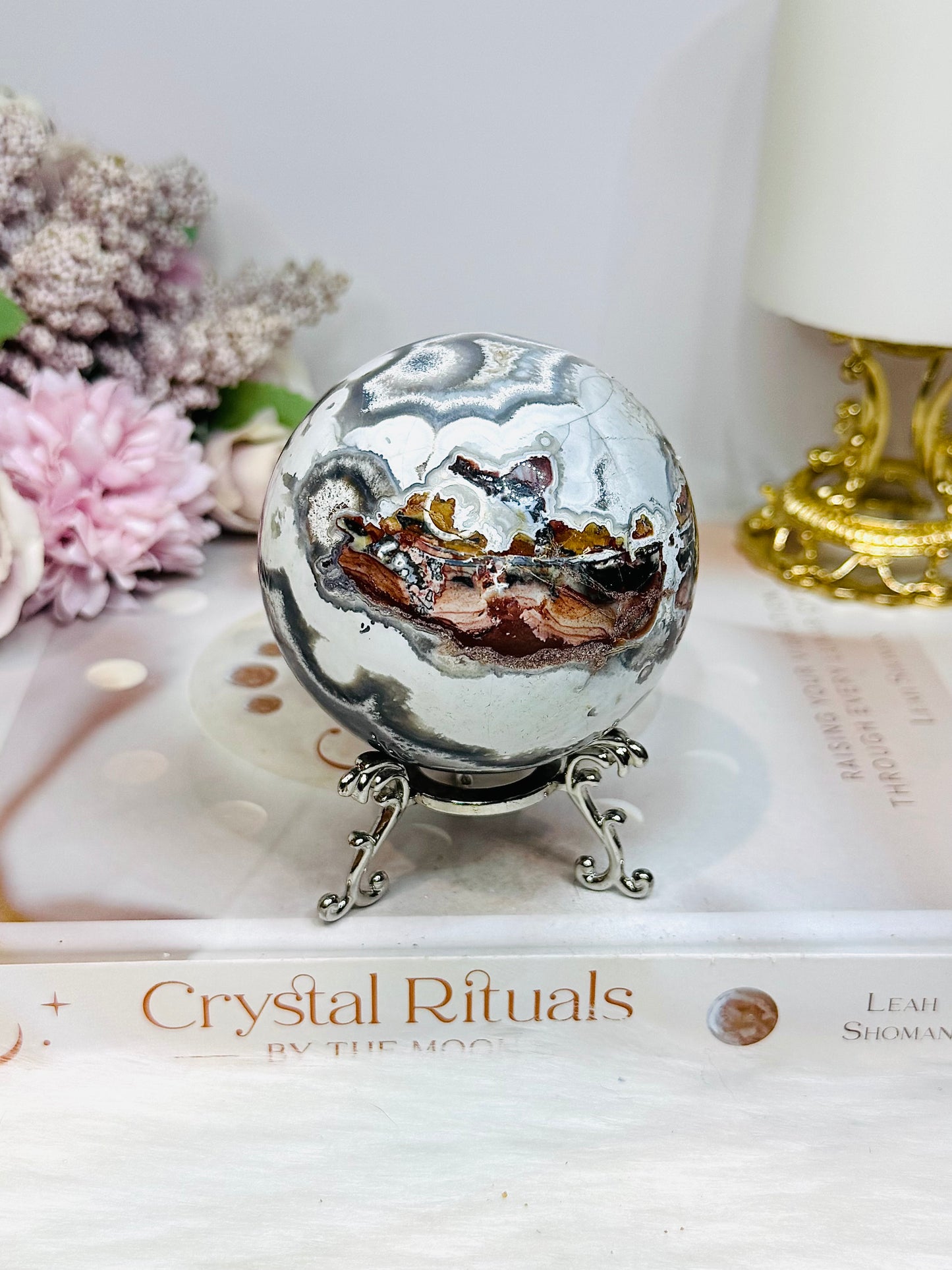 Large Mexican Crazy Lace Agate Druzy Sphere On Stand 425g