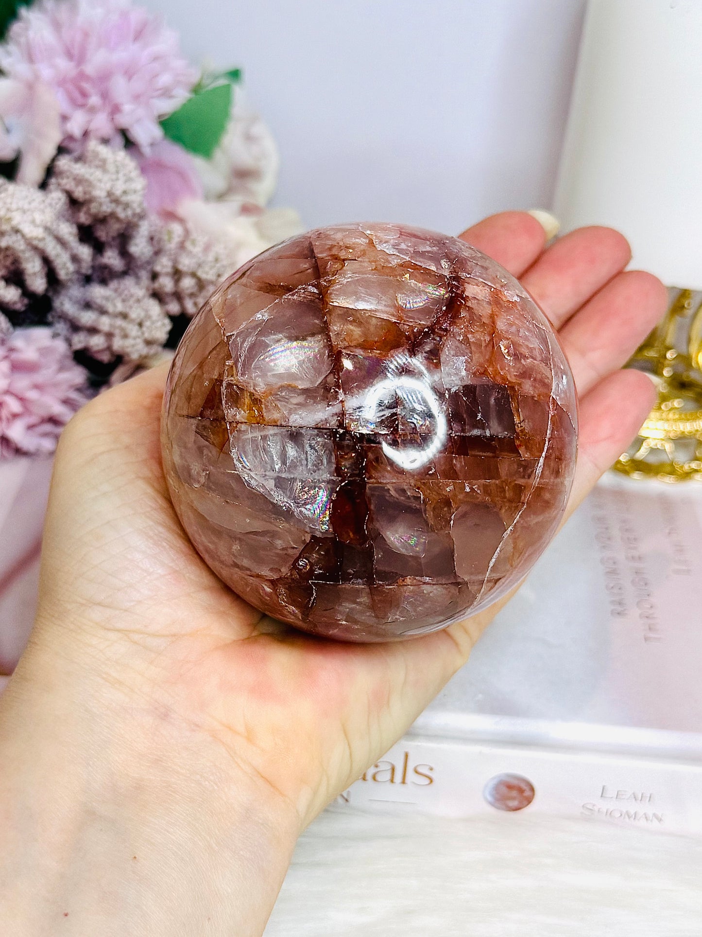 High Grade Large Fire Quartz | Hematoid Quartz Sphere with Rainbows on Stand 725g