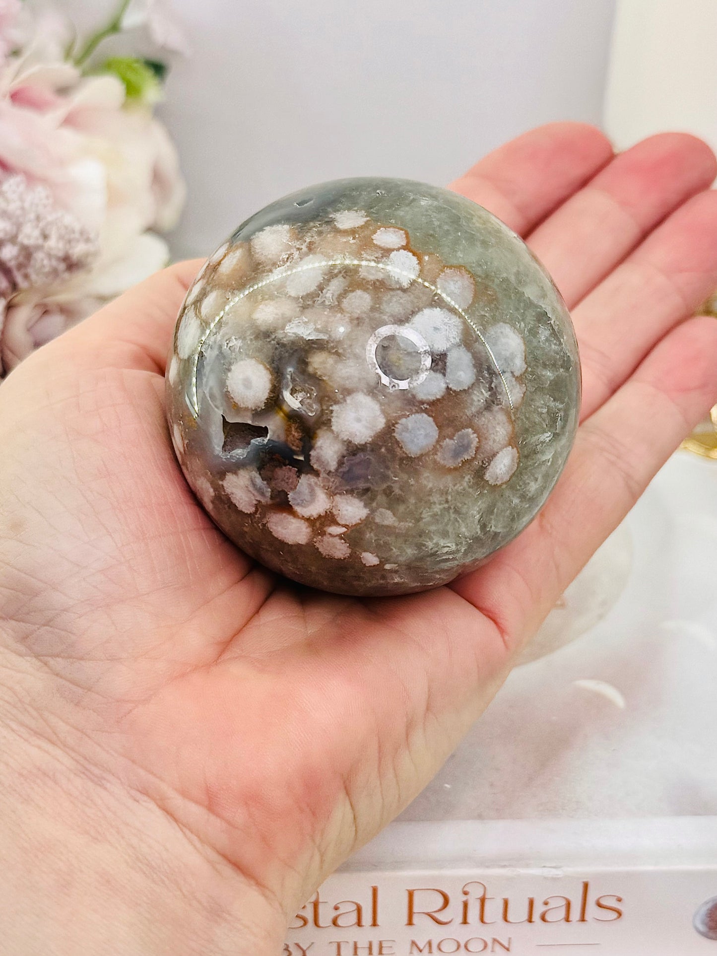 Green Druzy Cherry Blossom Agate Sphere on Stand 335grams