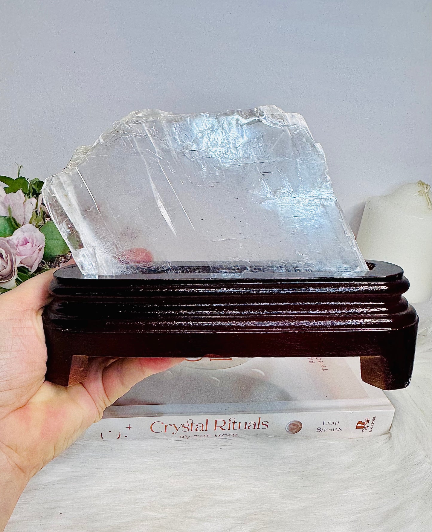 Natural Large Selenite Slab on Timber Stand 19.5cm 701g