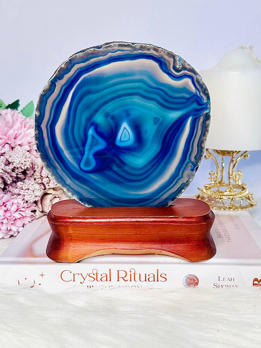 Gorgeous Large 16cm Blue Dyed Agate Slice On Timber Stand From Brazil