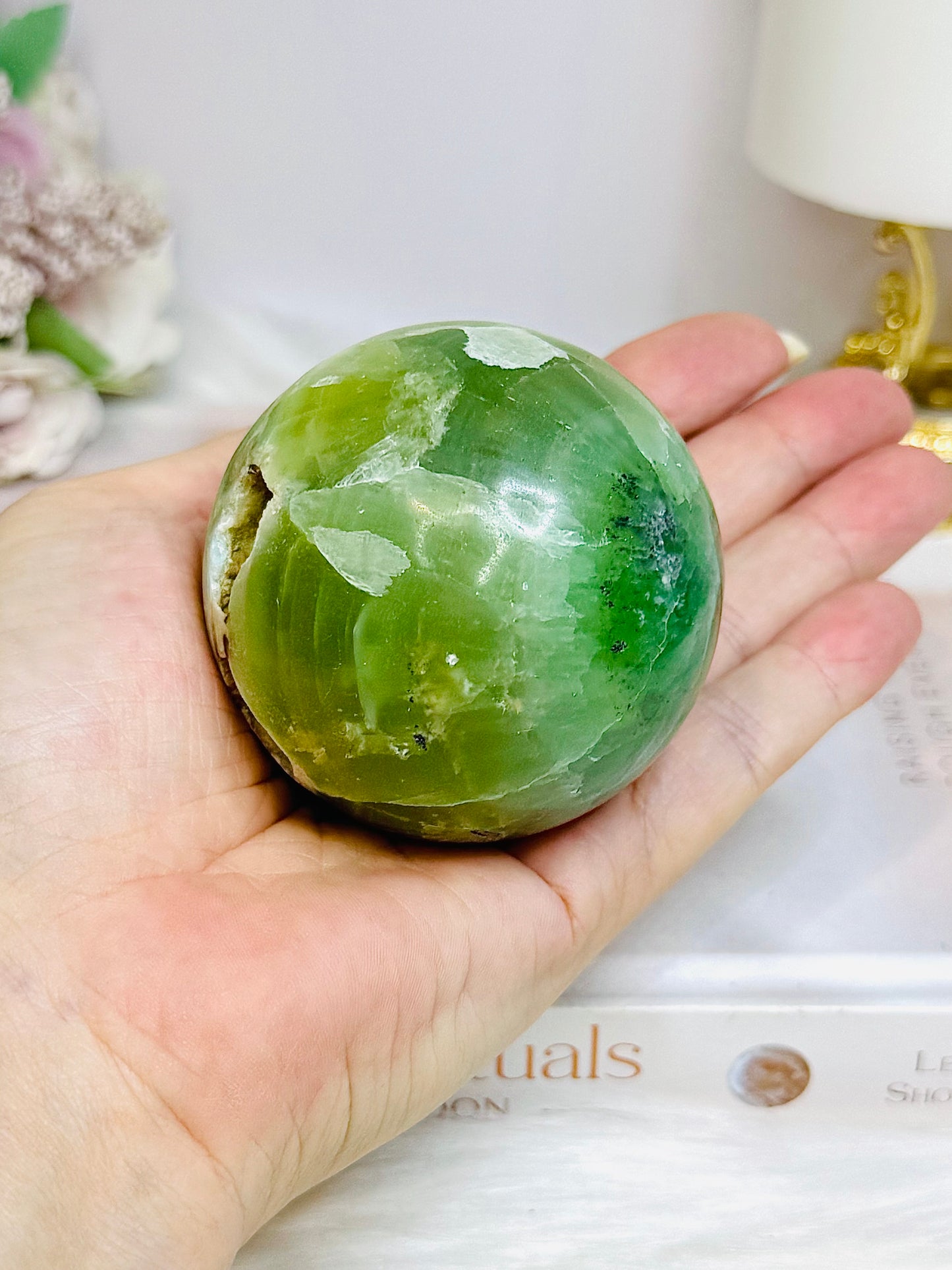 Green Calcite Druzy Sphere on Stand 351g