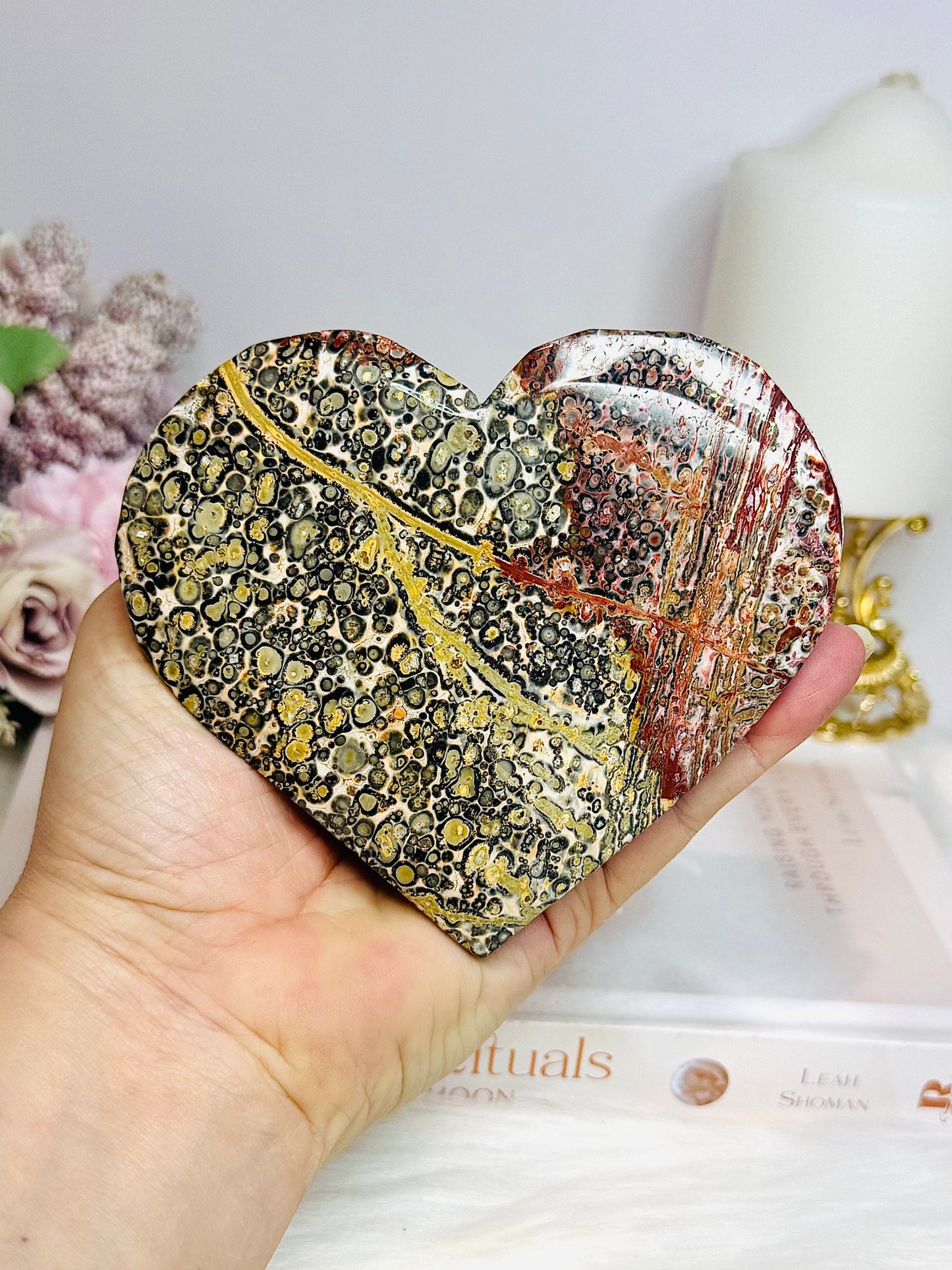 Large Leopardskin Jasper Heart on Stand 11cm