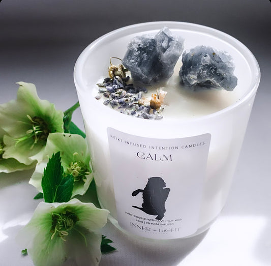 ‘Calm’ - Reiki + Crystal Infused Large Candle ~ Let go of worries and stress with a Large Calming Candle