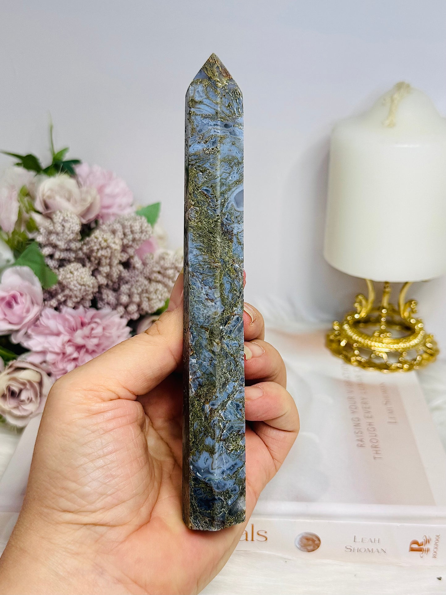 Blue Moss Agate Druzy Tower 16.5cm