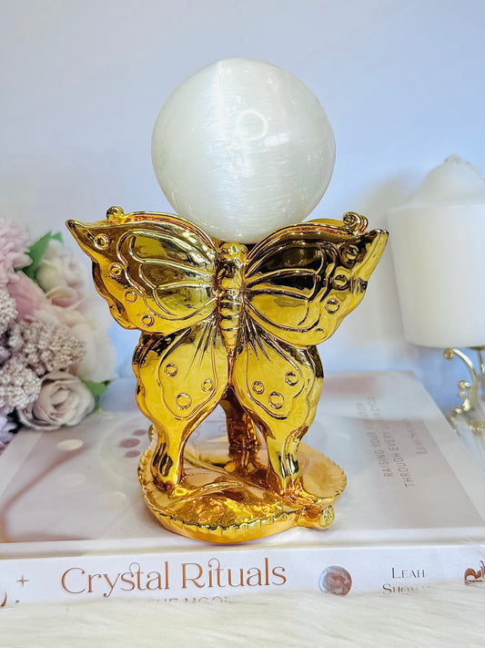 Large Gorgeous 17cm Gold Butterfly Stand with Large Selenite Sphere