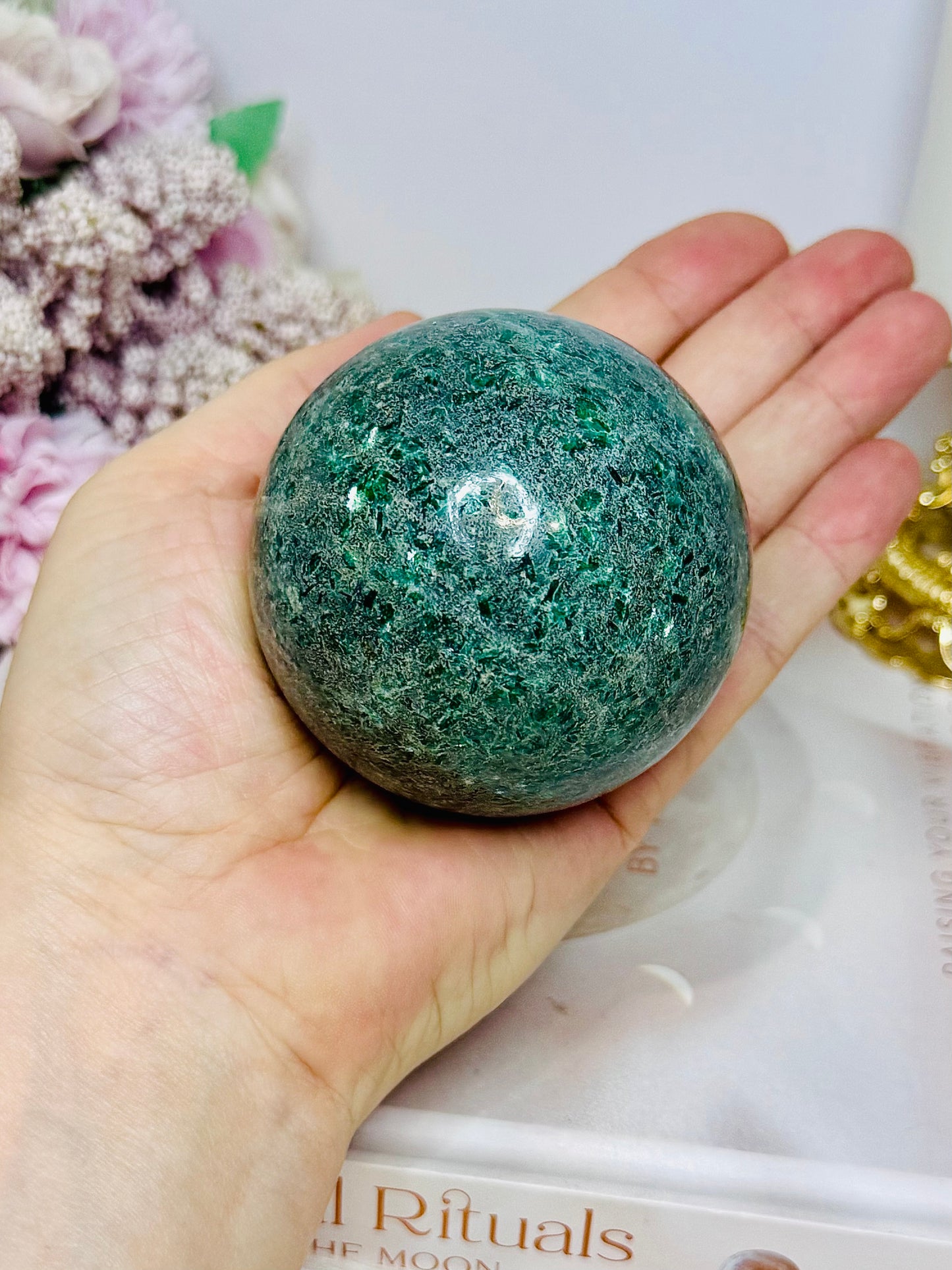 Large Green Fuchsite Sphere on Stand 380g