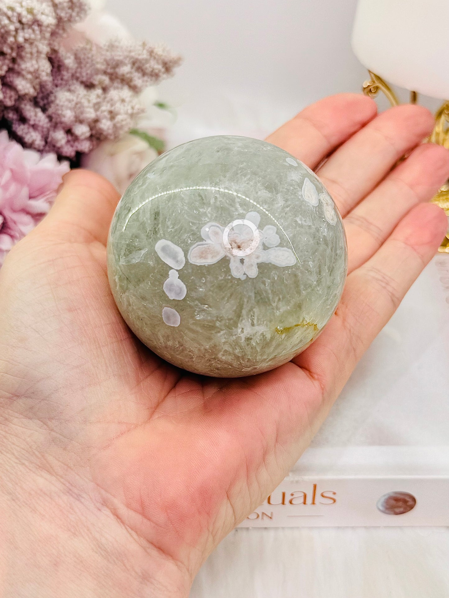 Elegant Green Flower Agate Sphere On Stand 301grams