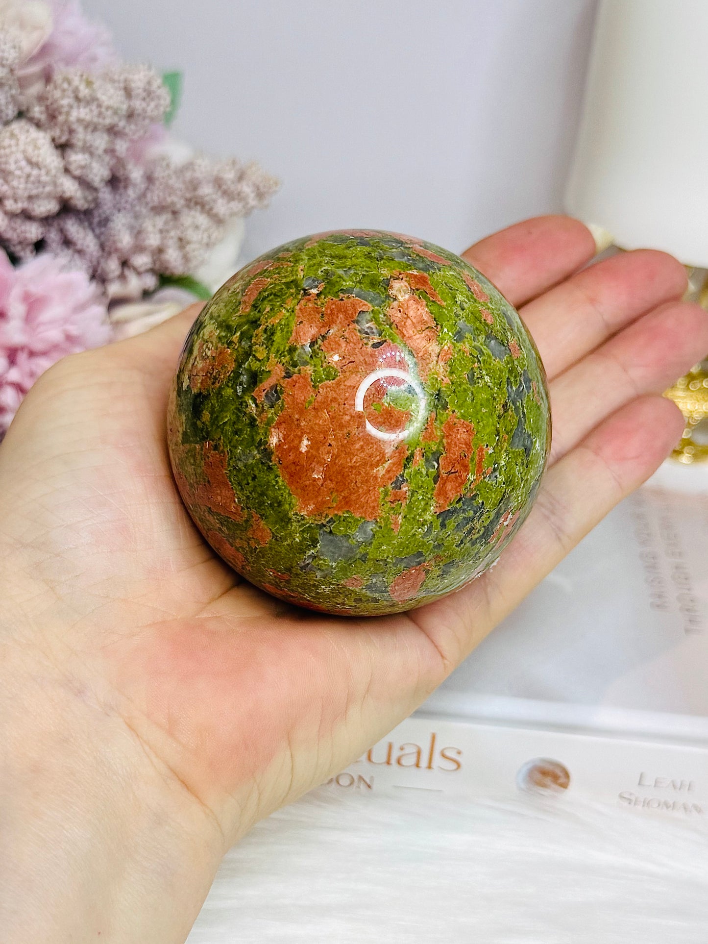 High Grade Large Unakite Sphere on Stand 454g