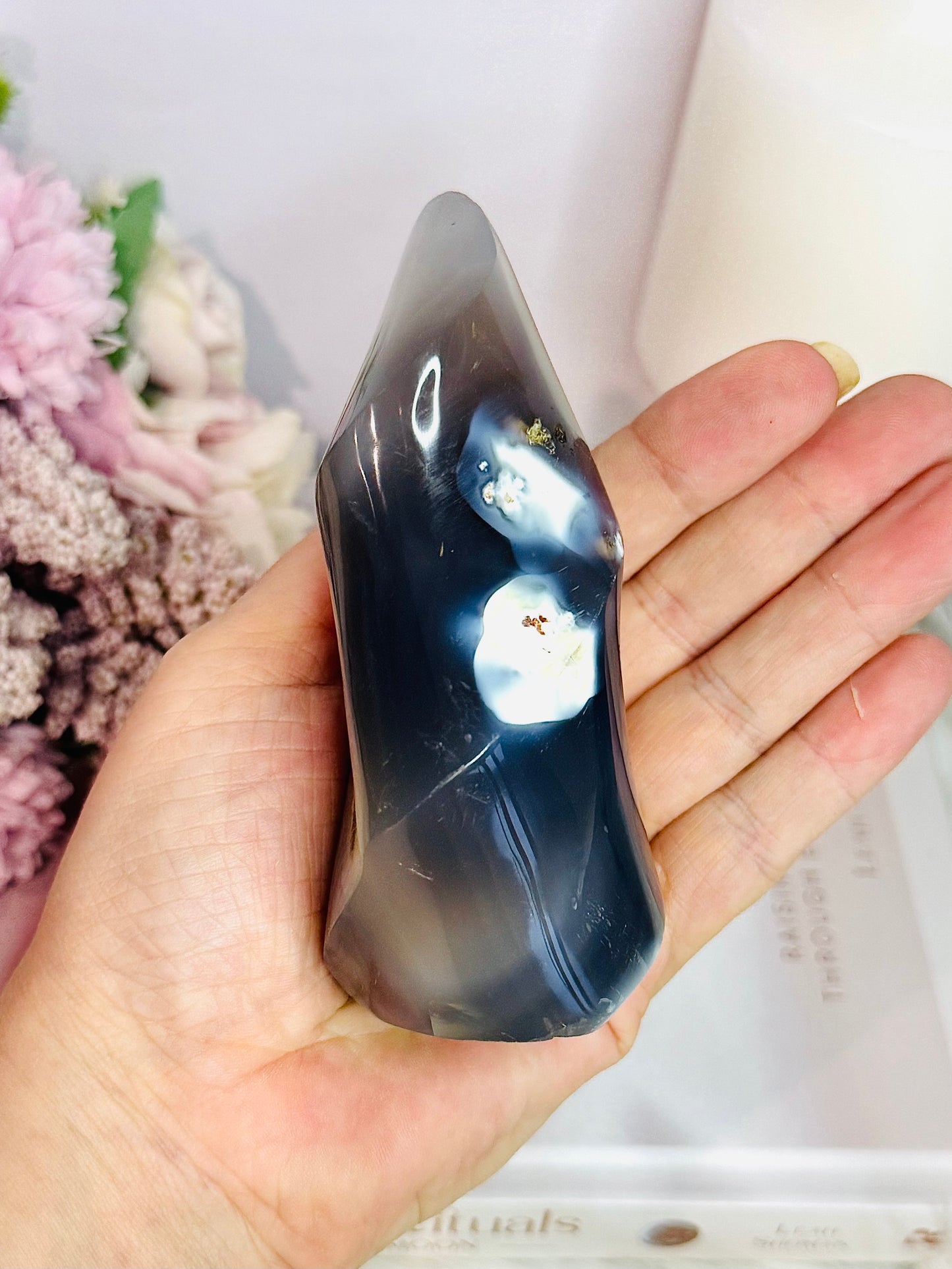 Beautiful Druzy Orca Agate Flame Carving 11cm