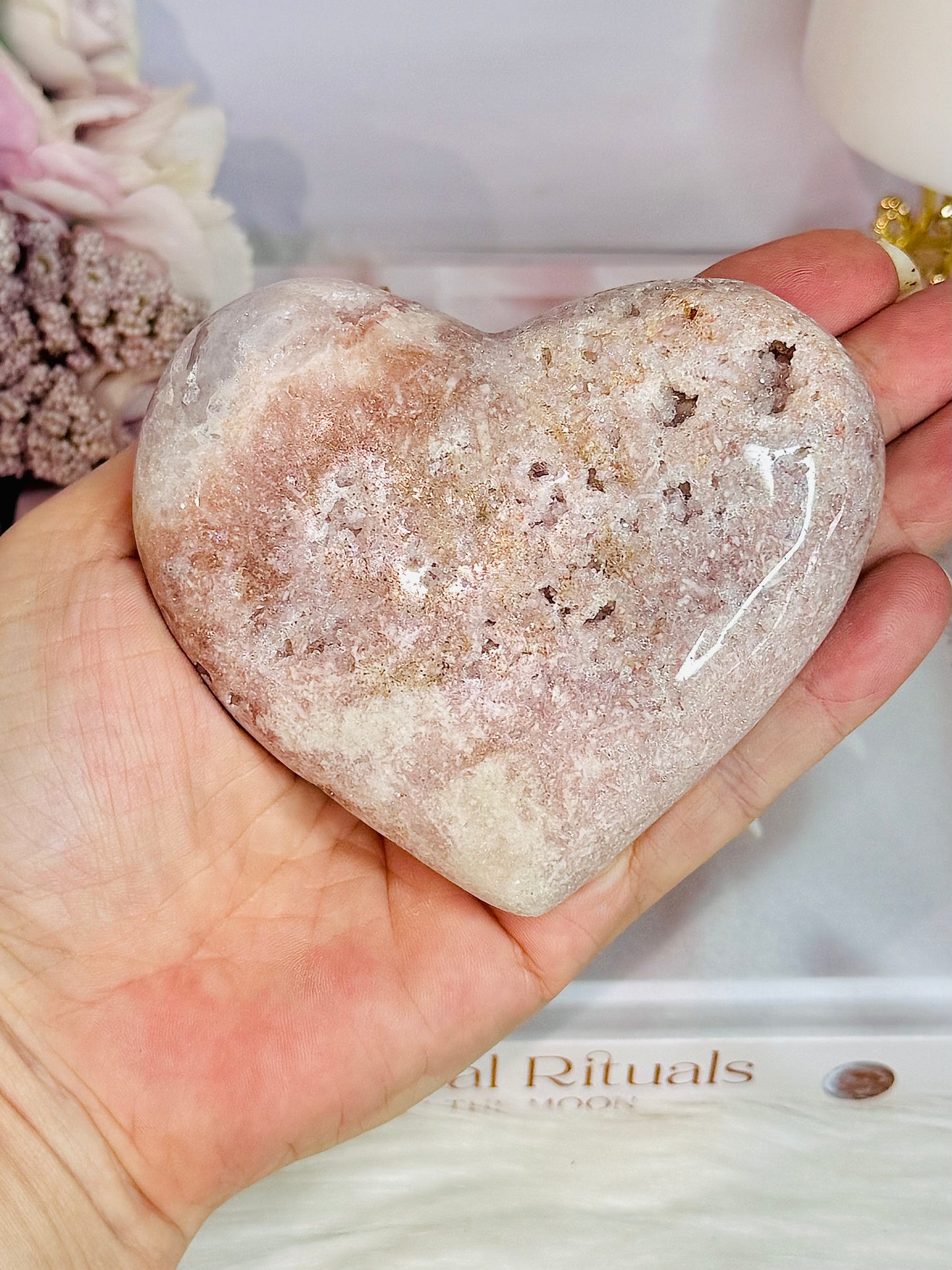 Beautiful Puffy Druzy Pink Amethyst Carved Heart On Stand