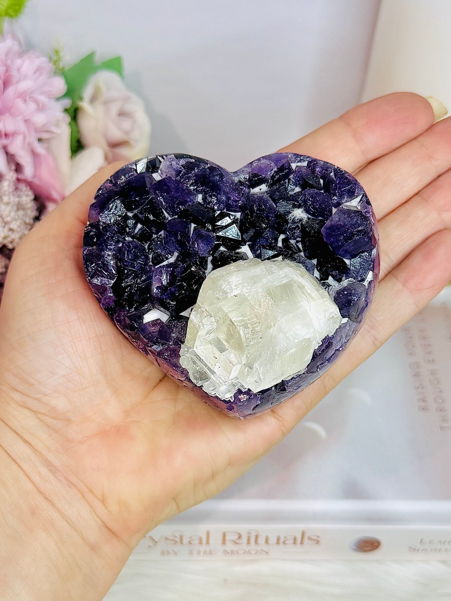 High Grade Deep Purple Amethyst Chunky Heart with Calcite Inclusion On Stand 9cm