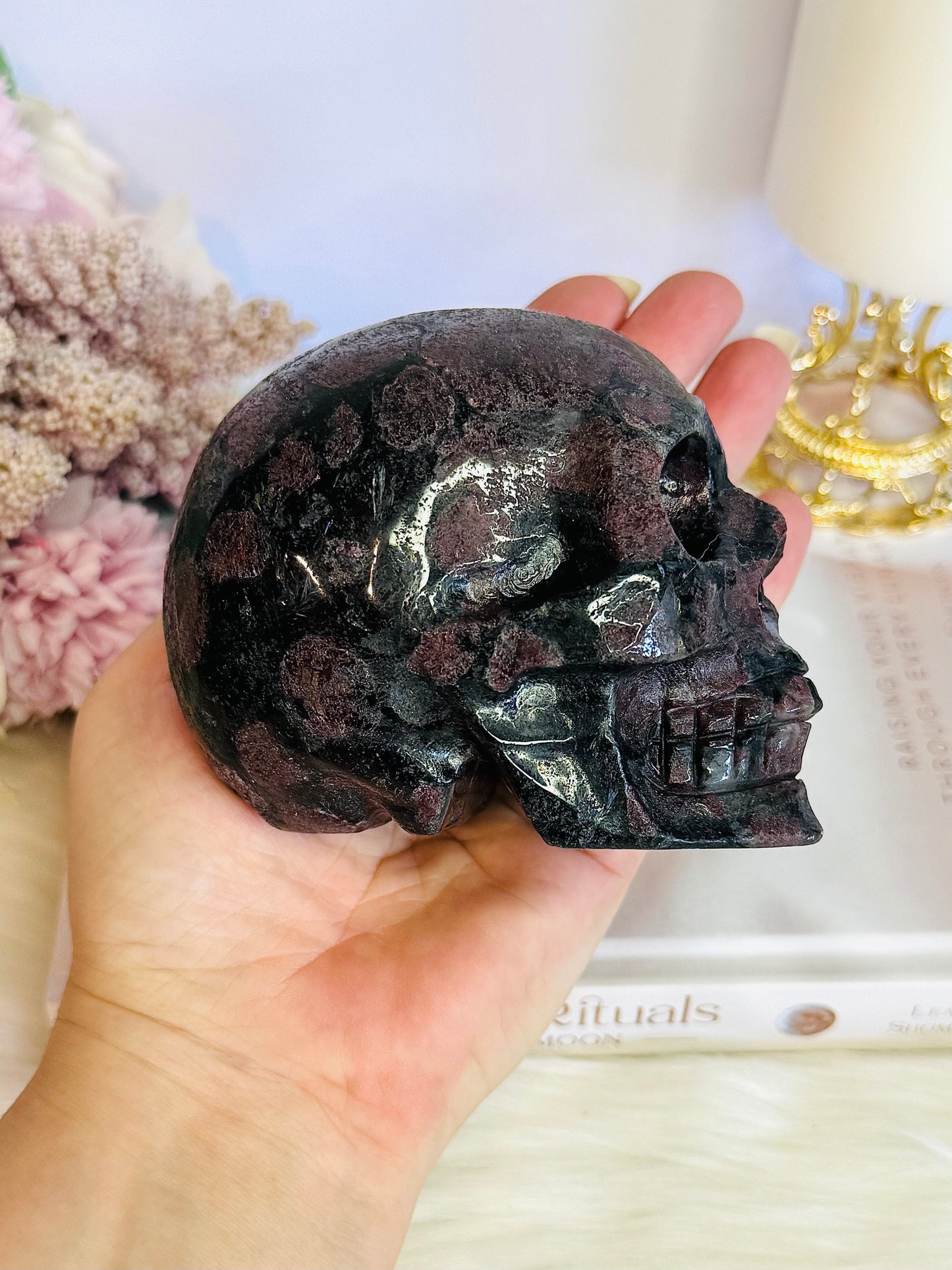 Amazing Large 1.01KG 11cm Garnet with Astrophyllite Carved & Polished Skull