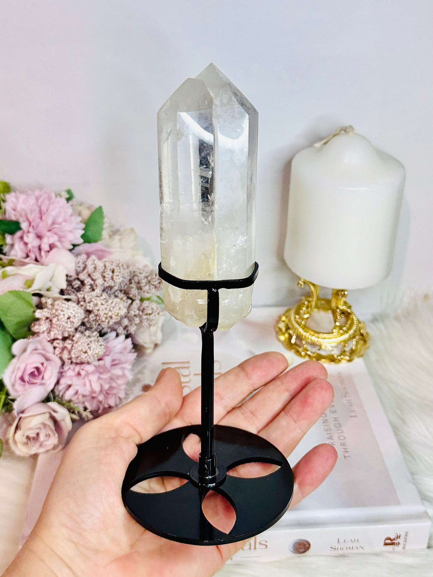 Clear Quartz Double | Twin Tower On Black Stand 17cm