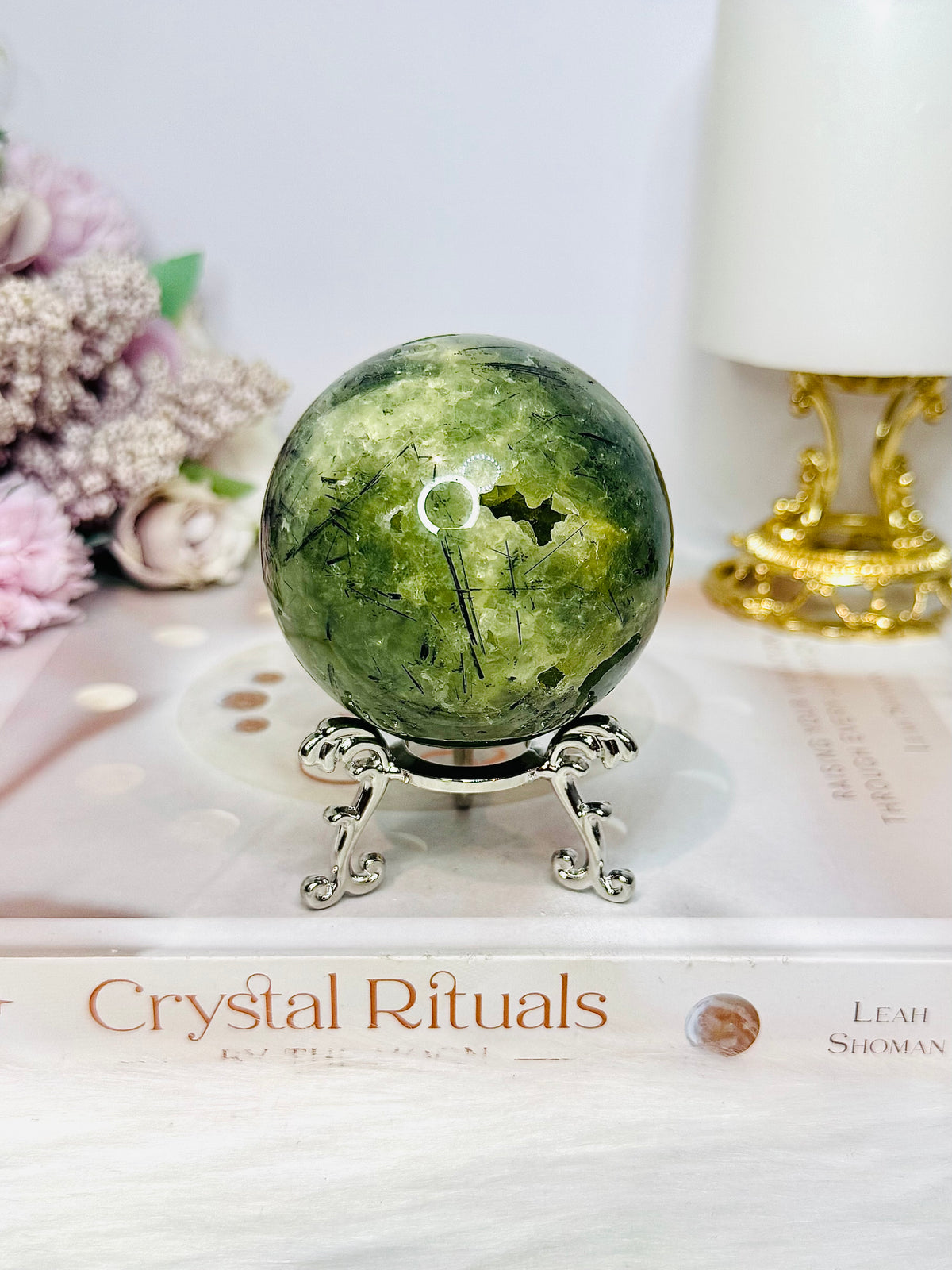 Large Druzy Prehnite Sphere on Stand 357g